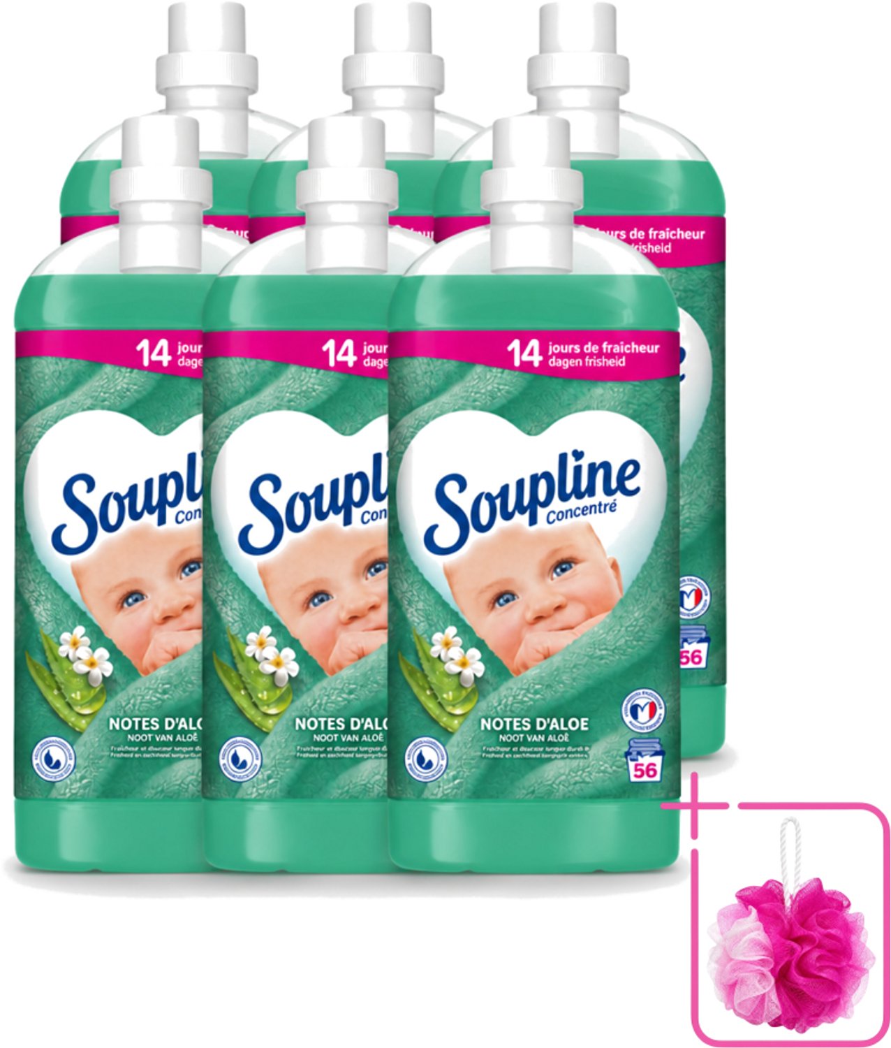 6 x Soupline - Wasverzachter - Aloë Vera - 56 Wasbeurten - 1.3L - Bulkverpakking - Wasverzachter aloë vera - Douchemop - Frisse geur