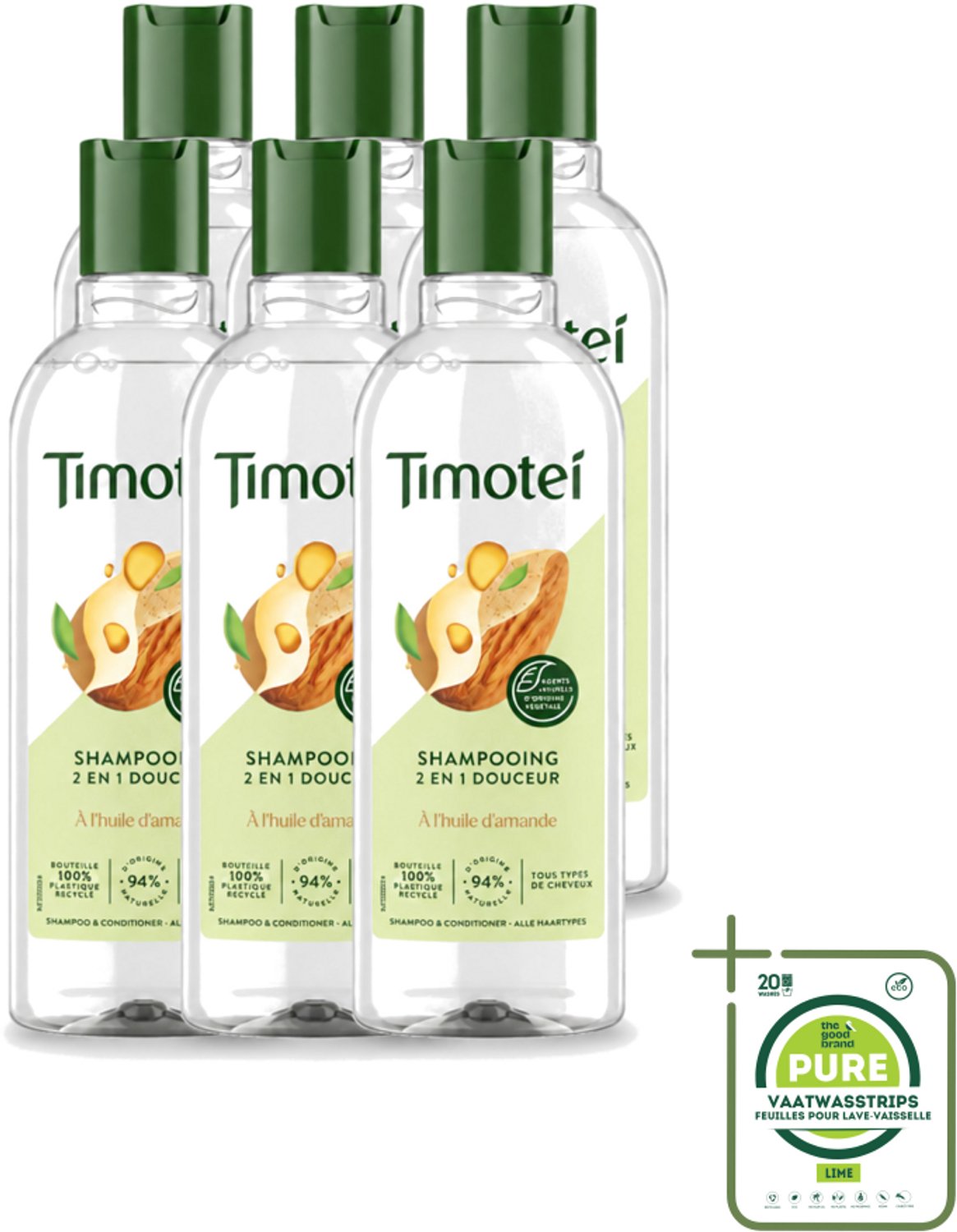6 x Timotei - Shampoo - Amandelolie - 2in1 - Alle haartypes - 300ml - Grootverpakking - Vaatwasstrips - 2in1 Shampoo En Conditioner - Amandelolie Shampoo - Zachte Shampoo - Haarverzorging - Haardos Verzorging