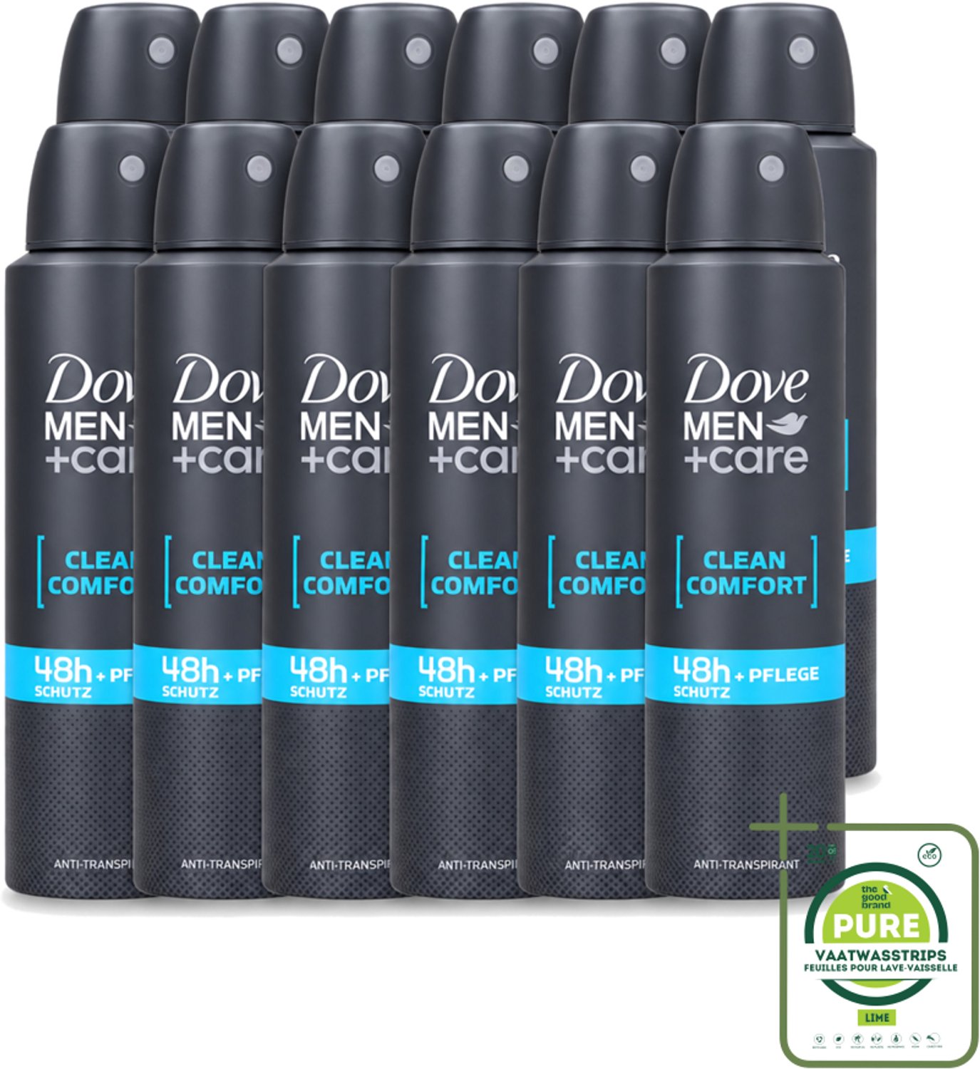 12 x Dove Men+Care - Clean Comfort - Deospray - Anti-Transpirant - 150 ml - Grootverpakking - Vaatwasstrips - Dove Men+Care - Deospray - Frisheid - Transpiratie - Huidbescherming