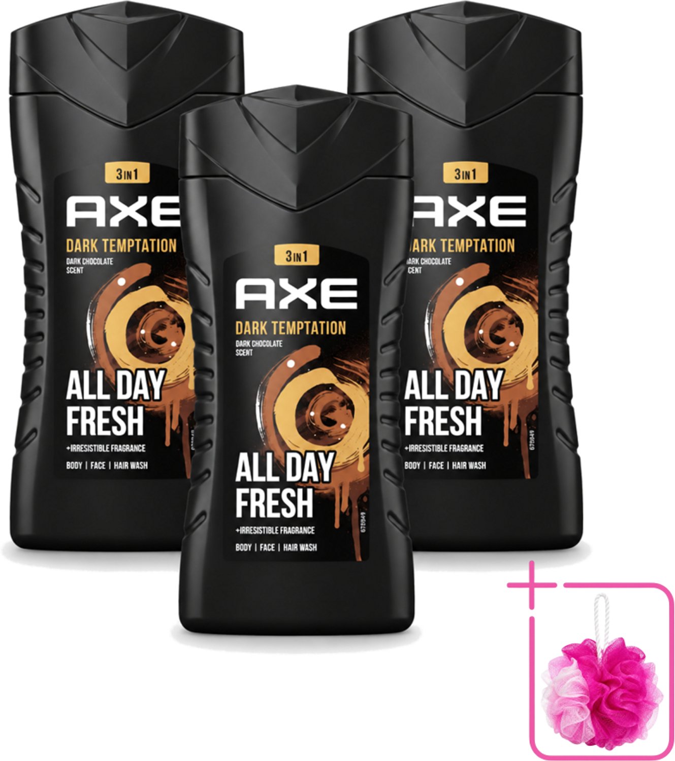 3 x Axe - 3-in-1 Douchegel - Dark Temptation - Dark Chocolate - 12hrs Long Lasting Scent - 250 ml - Bulkverpakking - Douchegel - Douchemop - Geur