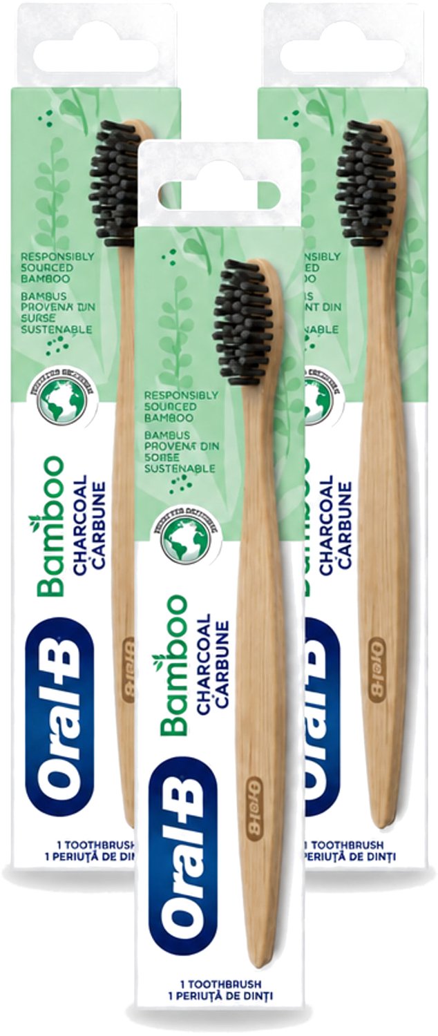 3 x Oral-B - Tandenborstel - Bamboe - Houtskool - 1 Tandenborstel - Voordeelverpakking - 3 stuks