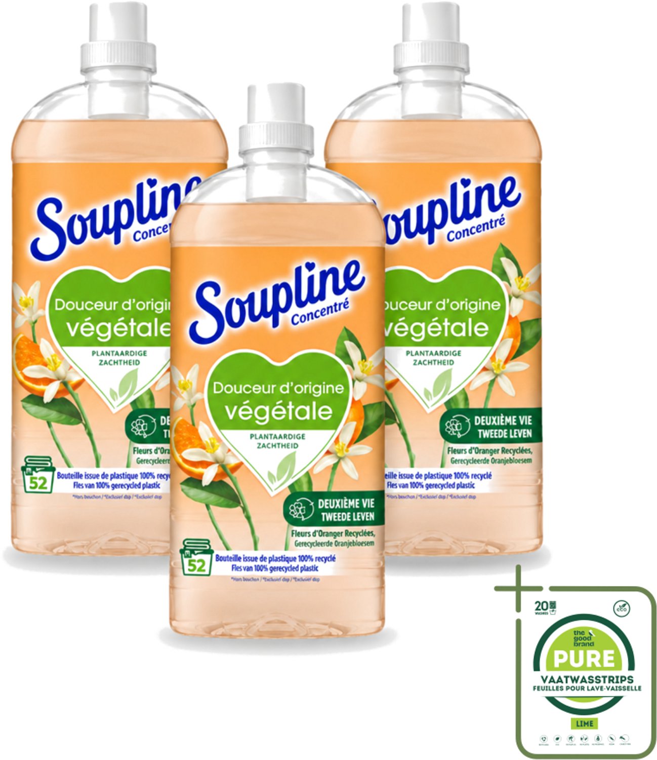 3 x Soupline - Wasverzachter - Oranjebloesem - 52 Wasbeurten - 1.3L - Grootverpakking - Vaatwasstrips - Wasverzachter - Plantaardige Zachtheid - Oranje Bloesem - Zachte Was - Natuurlijke Zachtheid