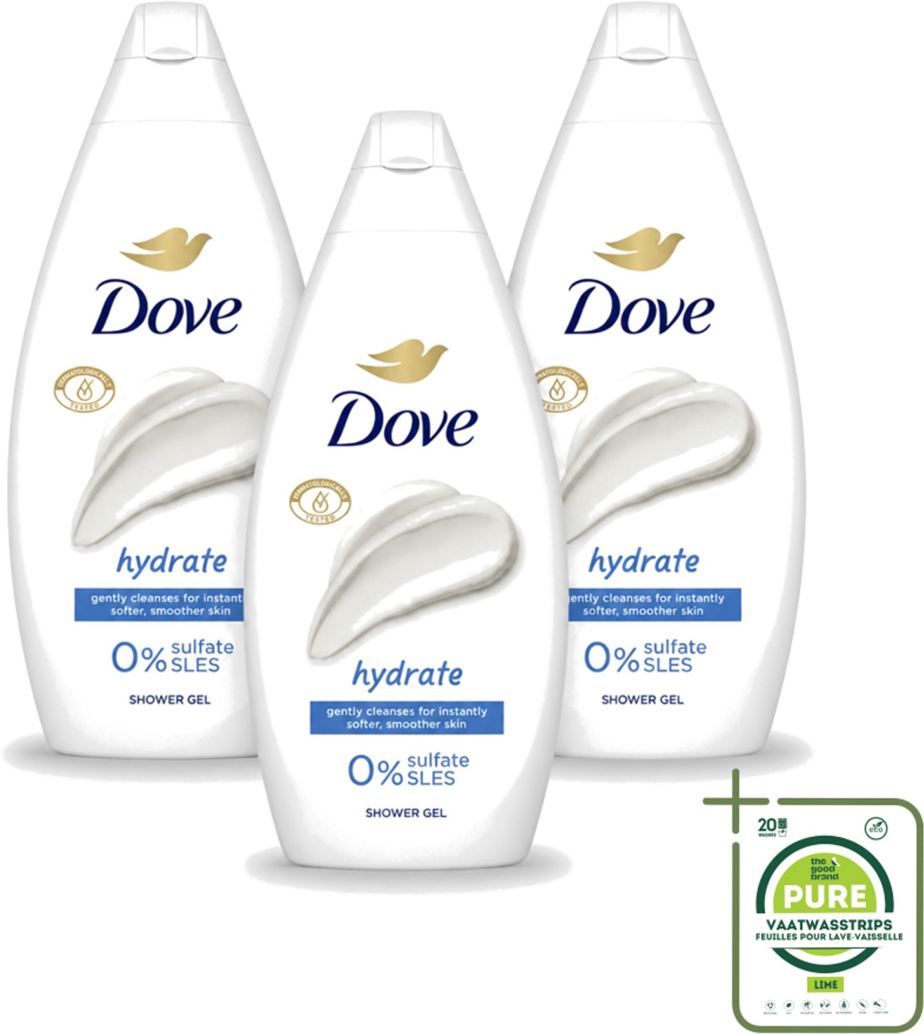 3 x Dove Hydrate - Douchegel - Sulfaatvrij - 250 ml - Grootverpakking - Vaatwasstrips - Hydraterende Douchegel - Sulfaatvrije Douchegel - Zachte Huid - Huidverzorging - Huidhydratatie