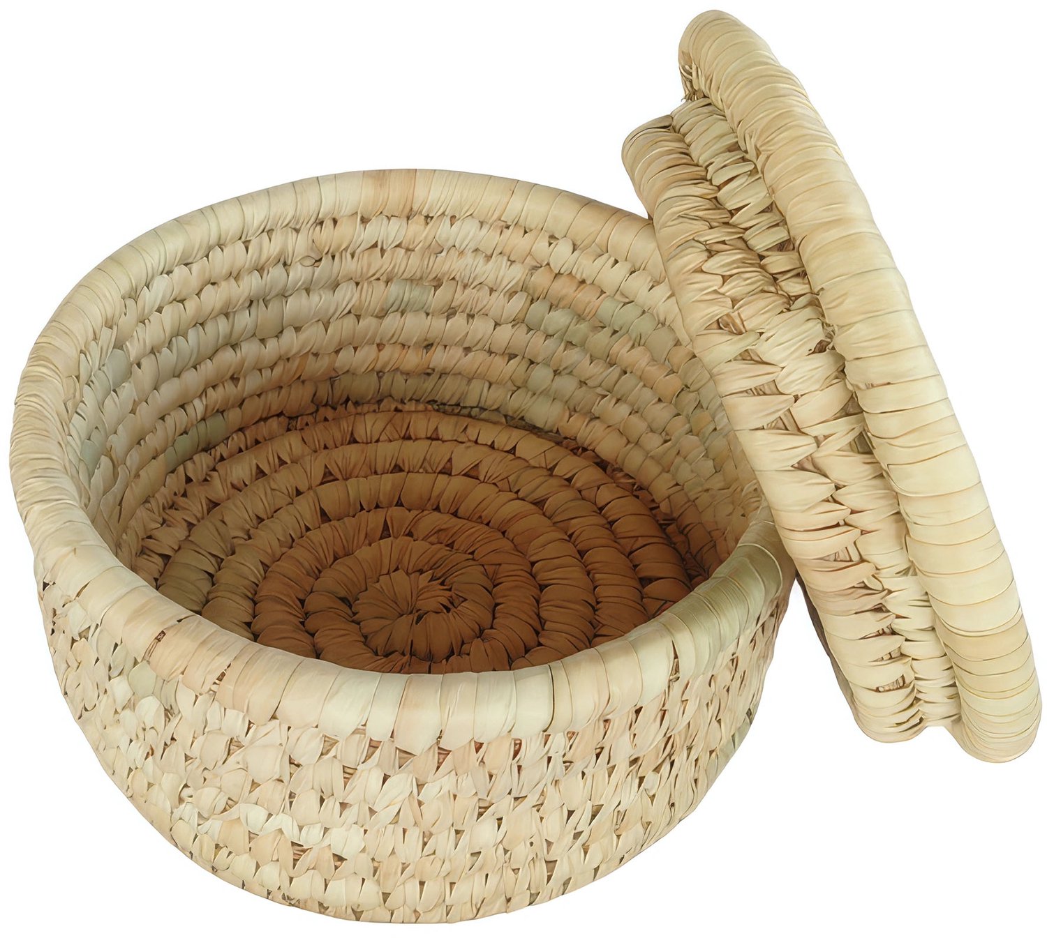 Ronde opbergmand met deksel – palmblad – Ø 22 × 15 cm – naturel beige