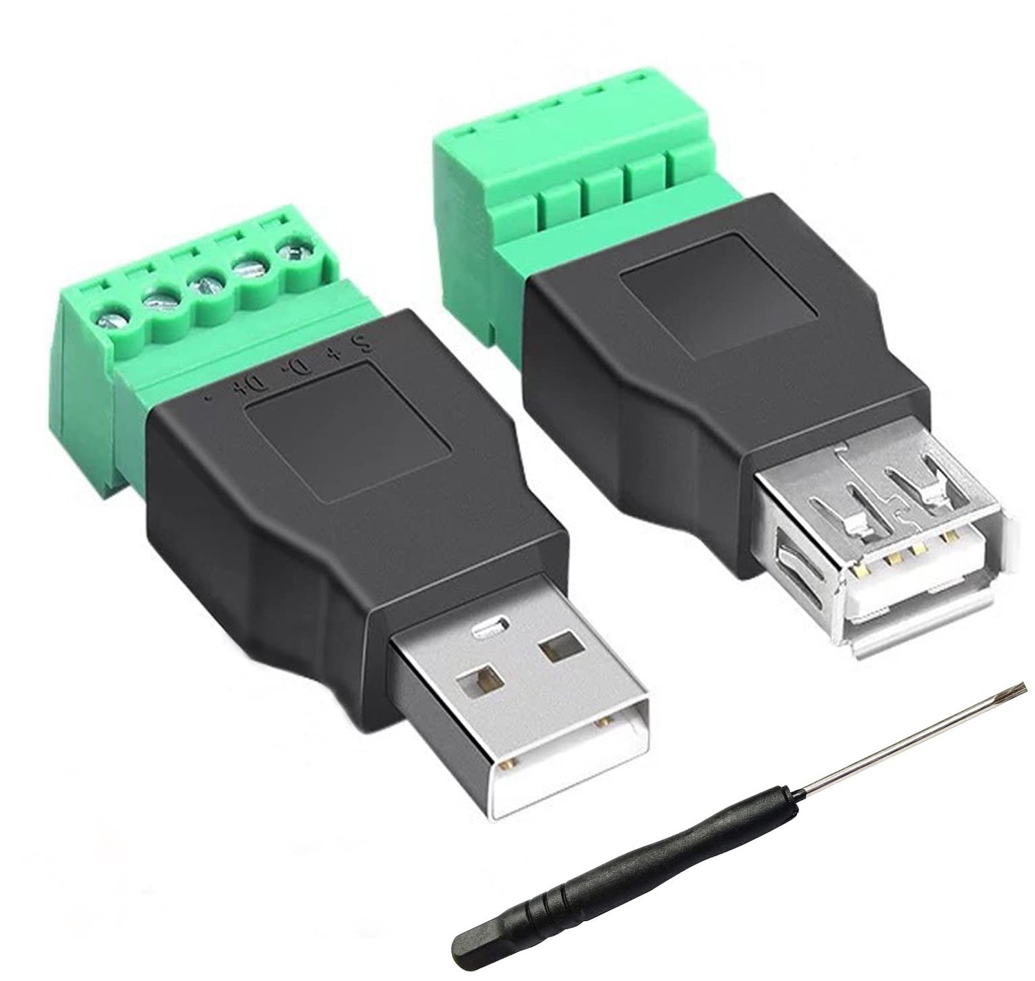 SnelShoppen - Pack van 2 USB 2.0 Schroef Jack, USB Terminal Adapter, Converter, USB 2.0 Type A Stekker & Bus naar 5-Pin Schroef Terminals, Gegevensove