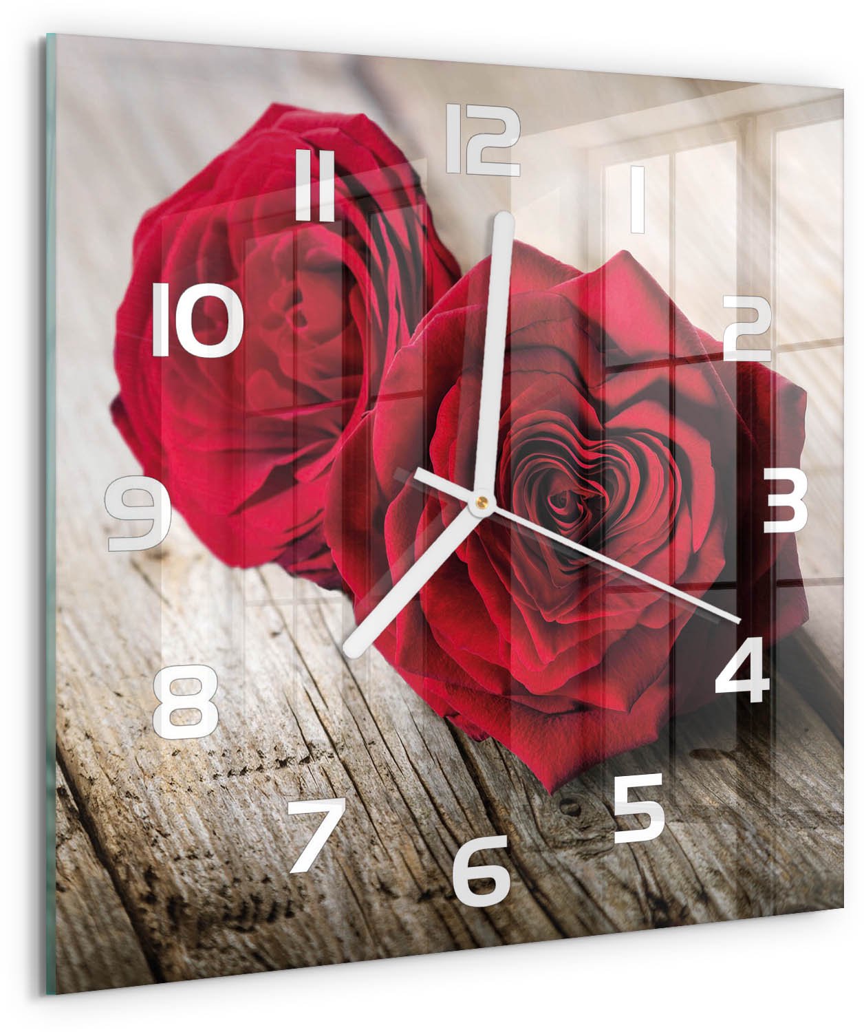 Tulup Wandklok - Rozen op hout Glazen Wandklok Design - 30x30 cm - Rood Klok Glas Met Opdruk - Witte handen - Vierkante Klok - Wandklok Glas Met Motief - Decoratieve Glazen Klok