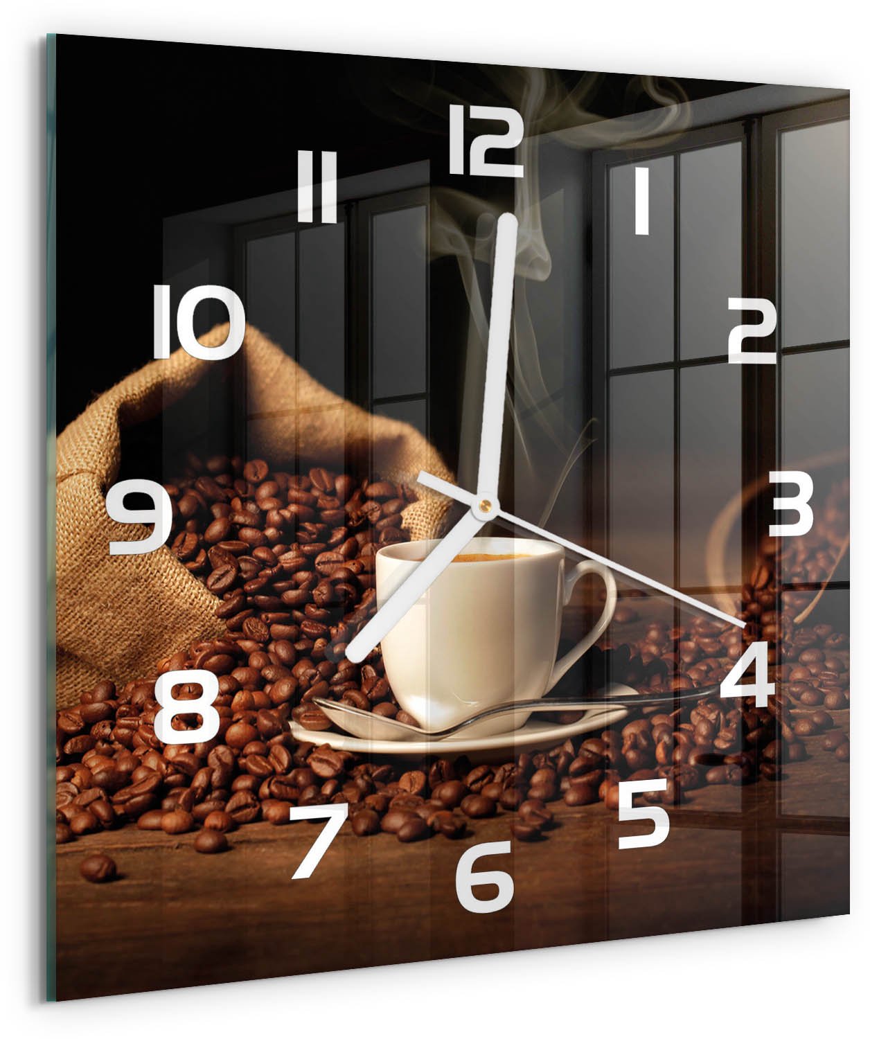 Tulup Wandklok - Koffie in een kopje Glazen Wandklok Design - 30x30 cm - Bruin Klok Glas Met Opdruk - Witte handen - Vierkante Klok - Wandklok Glas Met Motief - Decoratieve Glazen Klok