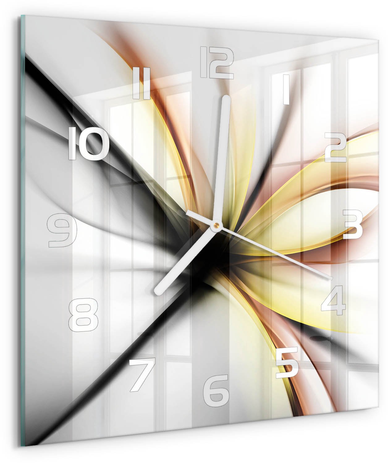 Tulup Wandklok - Bloemabstractie Decoratieve Glazen Klok - 30x30 cm - Geel Glazen Wandklok Design - Witte handen - Vierkante Klok - Glazen Klok Met Print - Wandklok Glas Met Motief