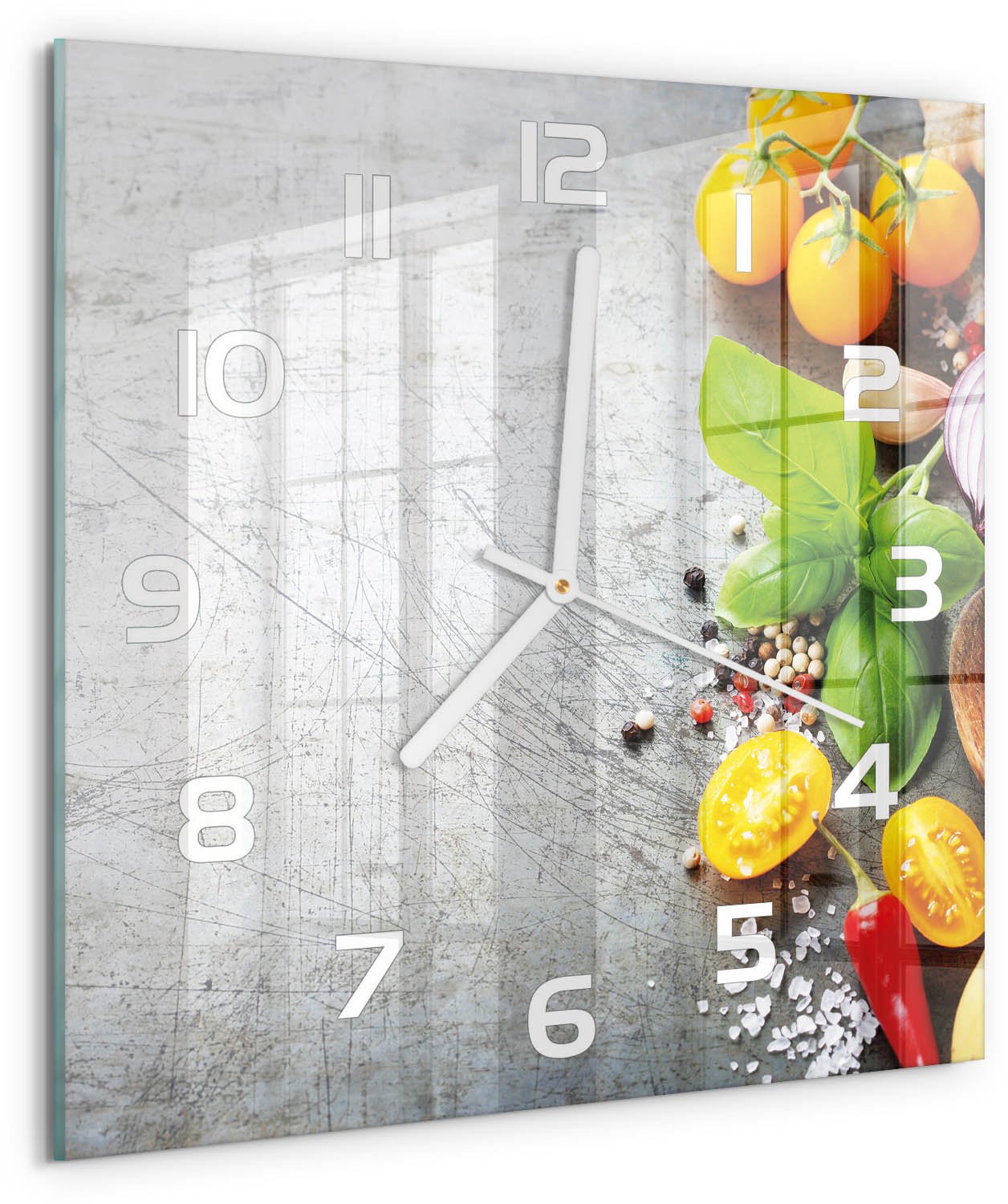 Tulup Wandklok - Groenten Gekleurde Glazen Klok - 30x30 cm - Veelkleurig Glazen Klok Met Print - Witte handen - Vierkante Klok - Moderne Wandklok Glas - Wandklok Glas Decoratie
