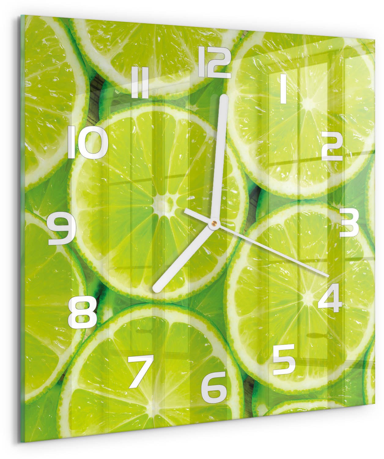 Tulup Wandklok - Limoenen Glazen Wandklok Design - 30x30 cm - Groente Klok Glas Met Opdruk - Witte handen - Vierkante Klok - Wandklok Glas Met Motief - Decoratieve Glazen Klok