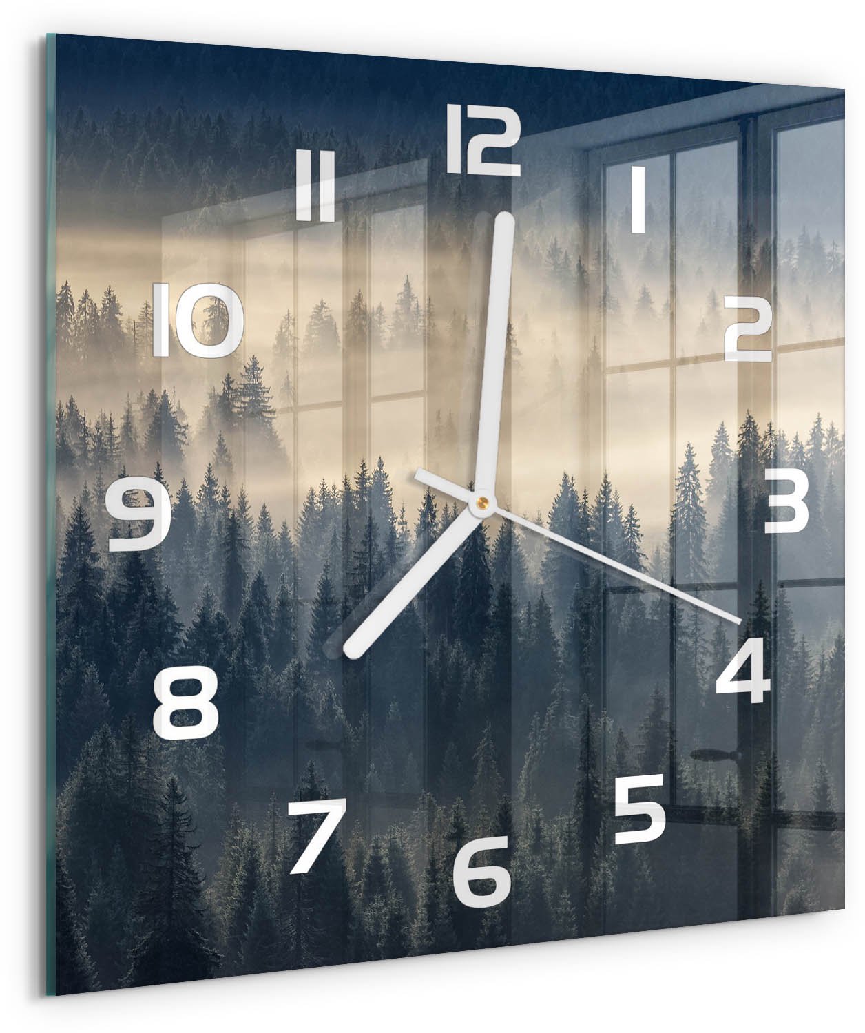 Tulup Wandklok - Mist boven het bos Wandklok Glas Decoratie - 30x30 cm - Grijs Gekleurde Glazen Klok - Witte handen - Vierkante Klok - Klok Glas Met Opdruk - Moderne Wandklok Glas