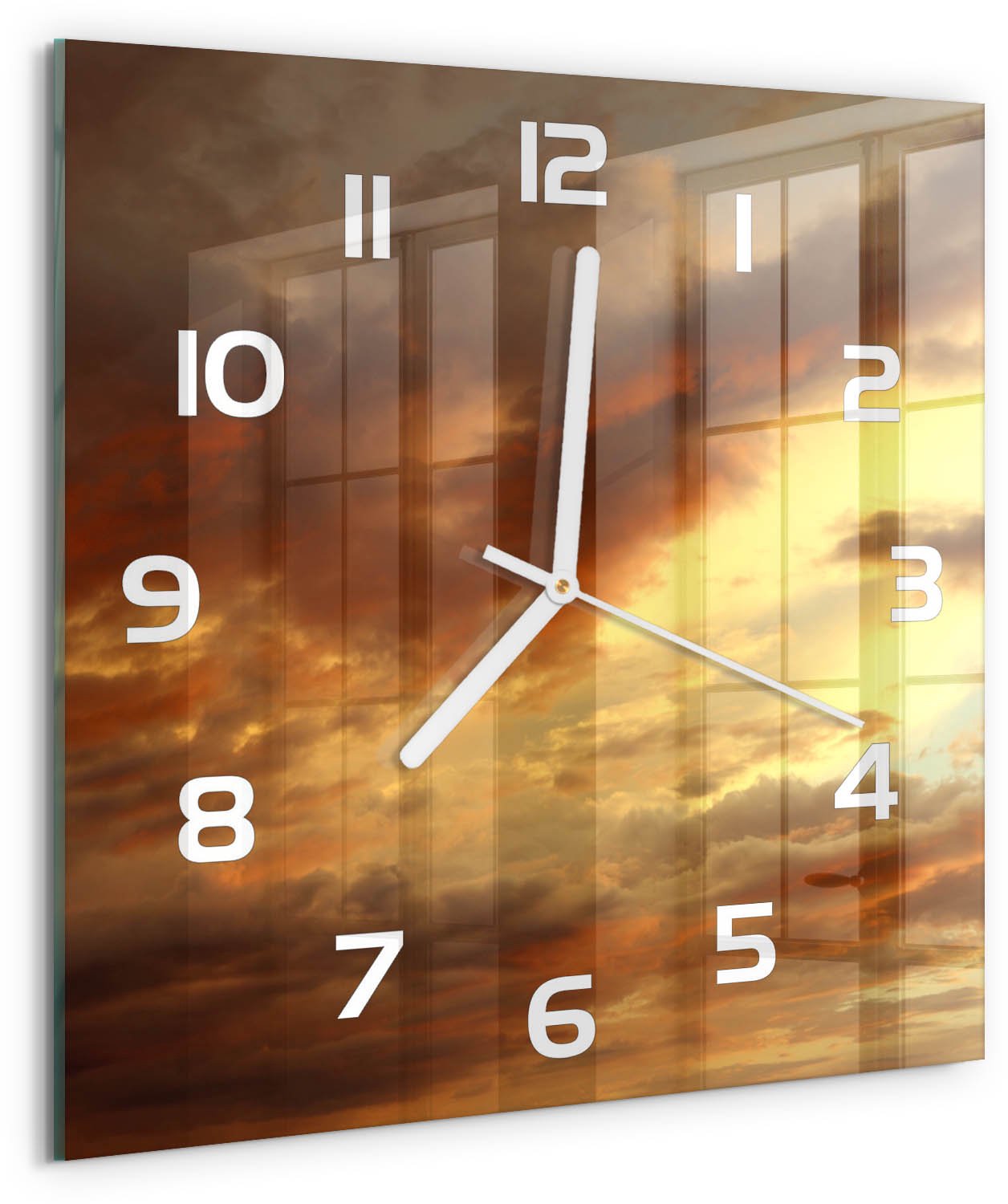 Tulup Wandklok - Zonsopgang Gekleurde Glazen Klok - 30x30 cm - Geel Glazen Klok Met Print - Witte handen - Vierkante Klok - Moderne Wandklok Glas - Wandklok Glas Decoratie