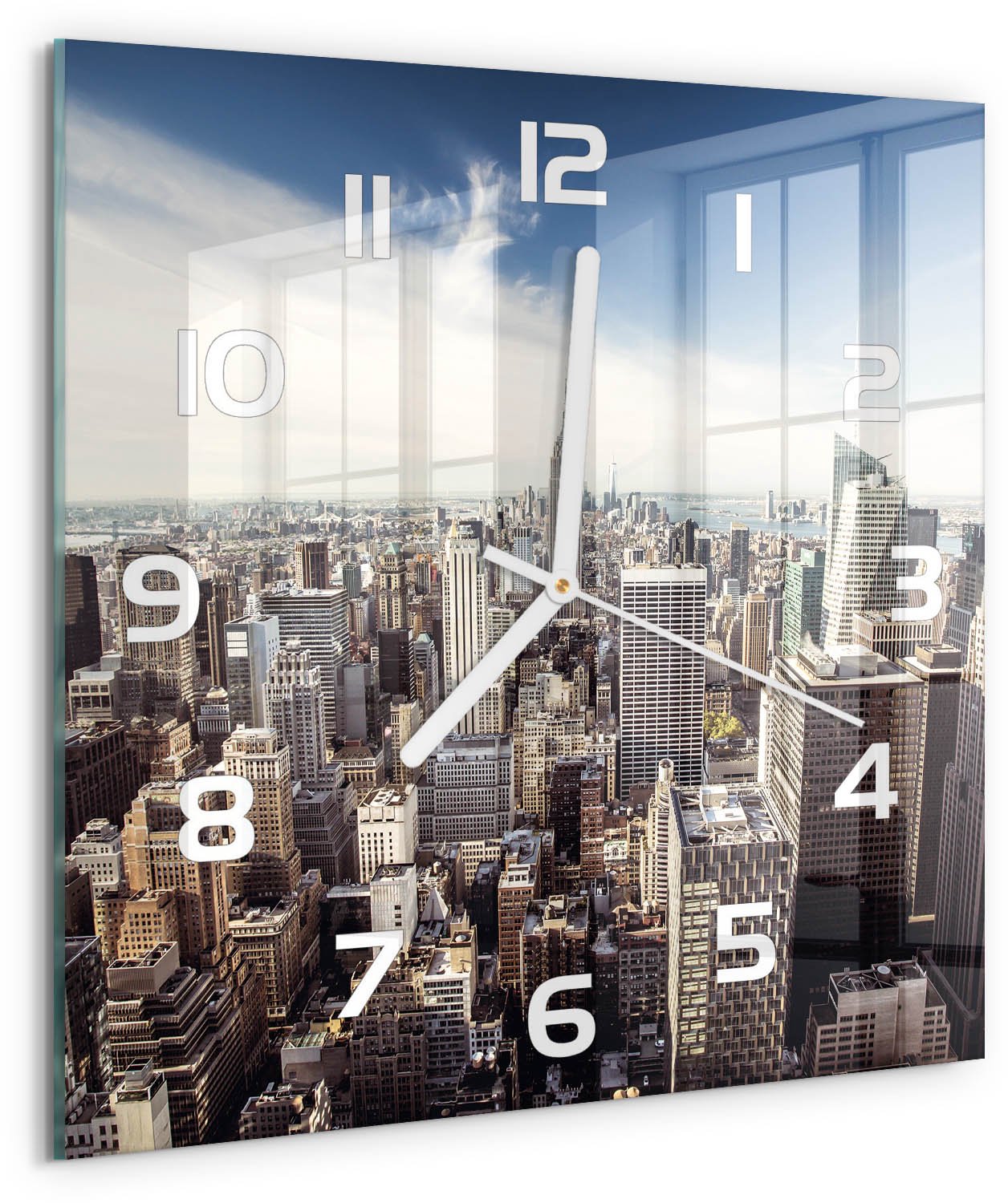TULUP Wandklok - New York Wandklok Glas Decoratie - 30x30 cm - Blauw Gekleurde Glazen Klok - Witte handen - Vierkante Klok - Klok Glas Met Opdruk - Moderne Wandklok Glas