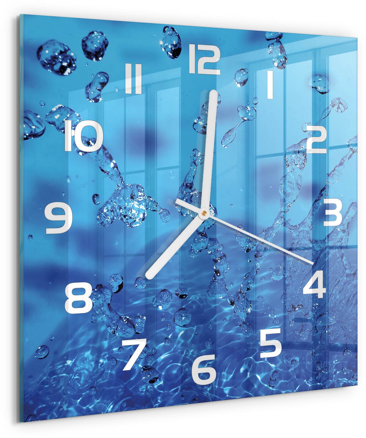 Tulup Wandklok - Waterdruppels Glazen Wandklok Design - 30x30 cm - Blauw Klok Glas Met Opdruk - Witte handen - Vierkante Klok - Wandklok Glas Met Motief - Decoratieve Glazen Klok