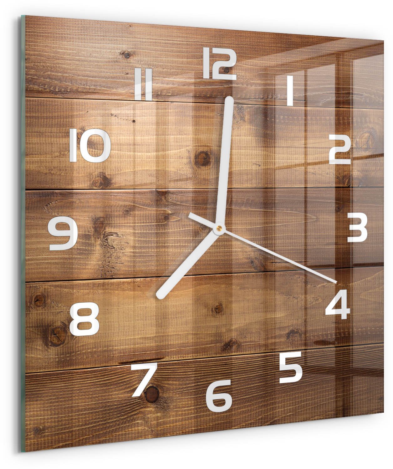 TULUP Wandklok - Houten achtergrond Wandklok Glas Decoratie - 30x30 cm - Bruin Gekleurde Glazen Klok - Witte handen - Vierkante Klok - Klok Glas Met Opdruk - Moderne Wandklok Glas