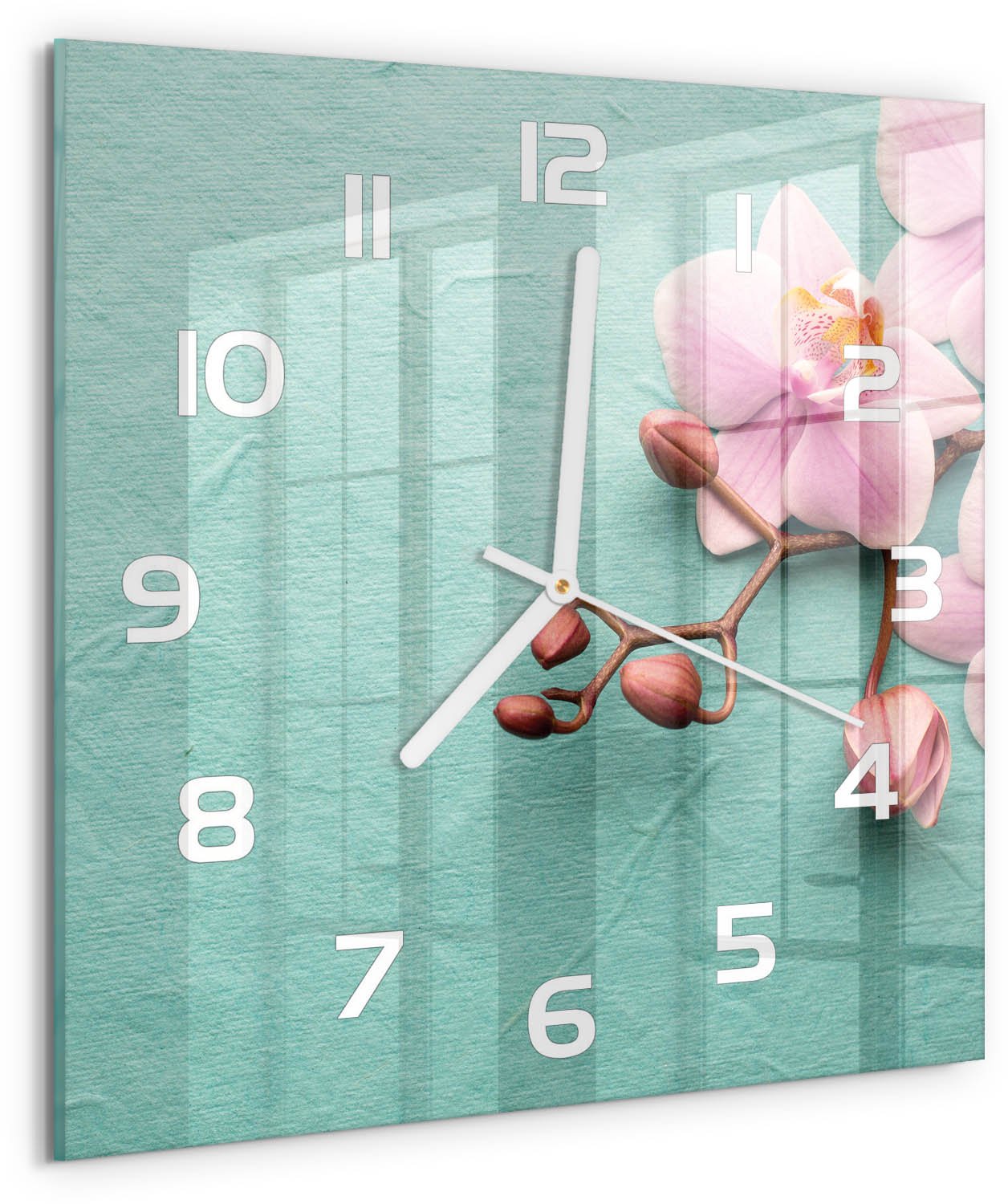 Tulup Wandklok - Orchidee Moderne Wandklok Glas - 30x30 cm - Roze Wandklok Glas Decoratie - Witte handen - Vierkante Klok - Glazen Wandklok Design - Klok Glas Met Opdruk