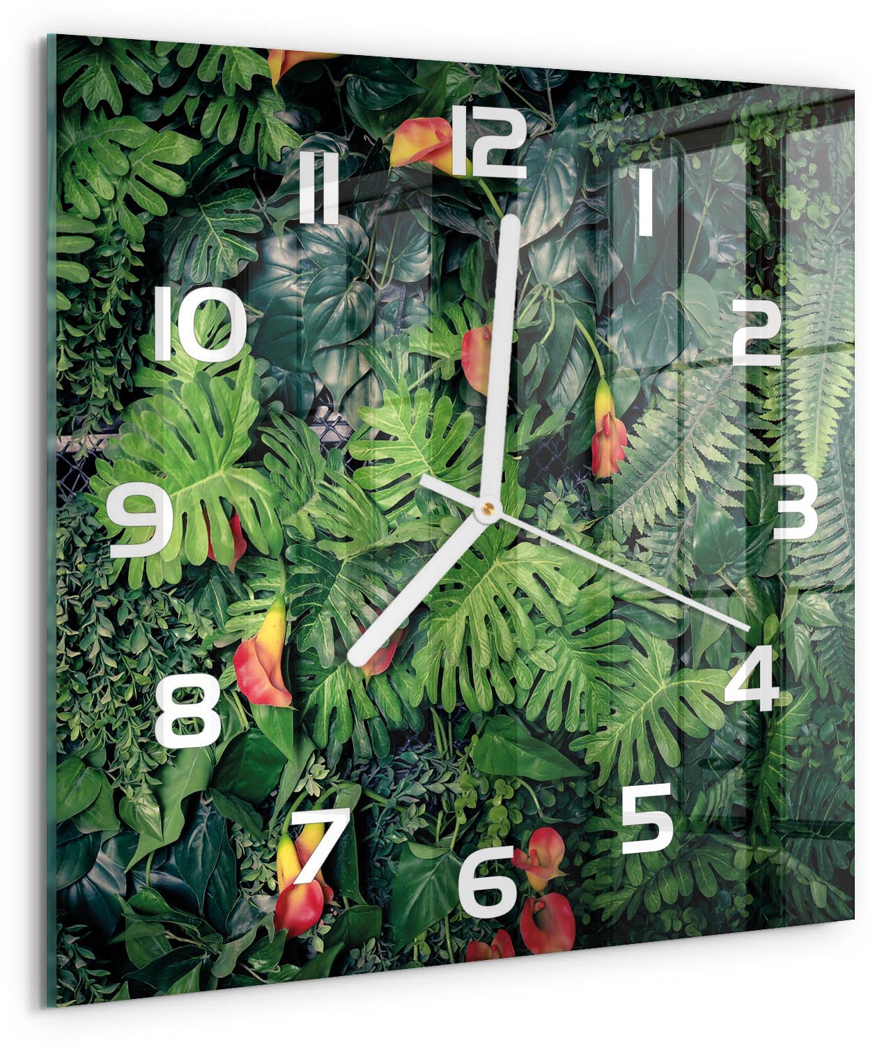 Tulup Wandklok - Exotische jungle Decoratieve Glazen Klok - 30x30 cm - Groente Glazen Wandklok Design - Witte handen - Vierkante Klok - Glazen Klok Met Print - Wandklok Glas Met Motief