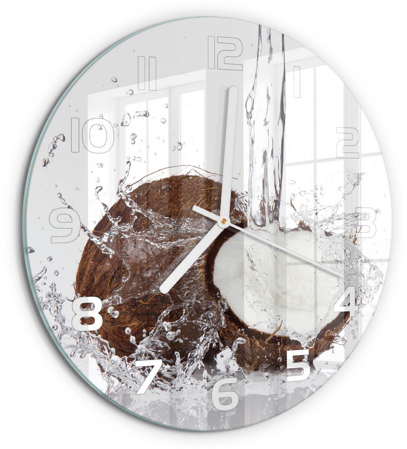 TULUP Wandklok - Kokosnoot Klok Glas Met Opdruk - fi30 cm - Bruin Moderne Wandklok Glas - Witte handen - Ronde Klok - Decoratieve Glazen Klok - Glazen Wandklok Design