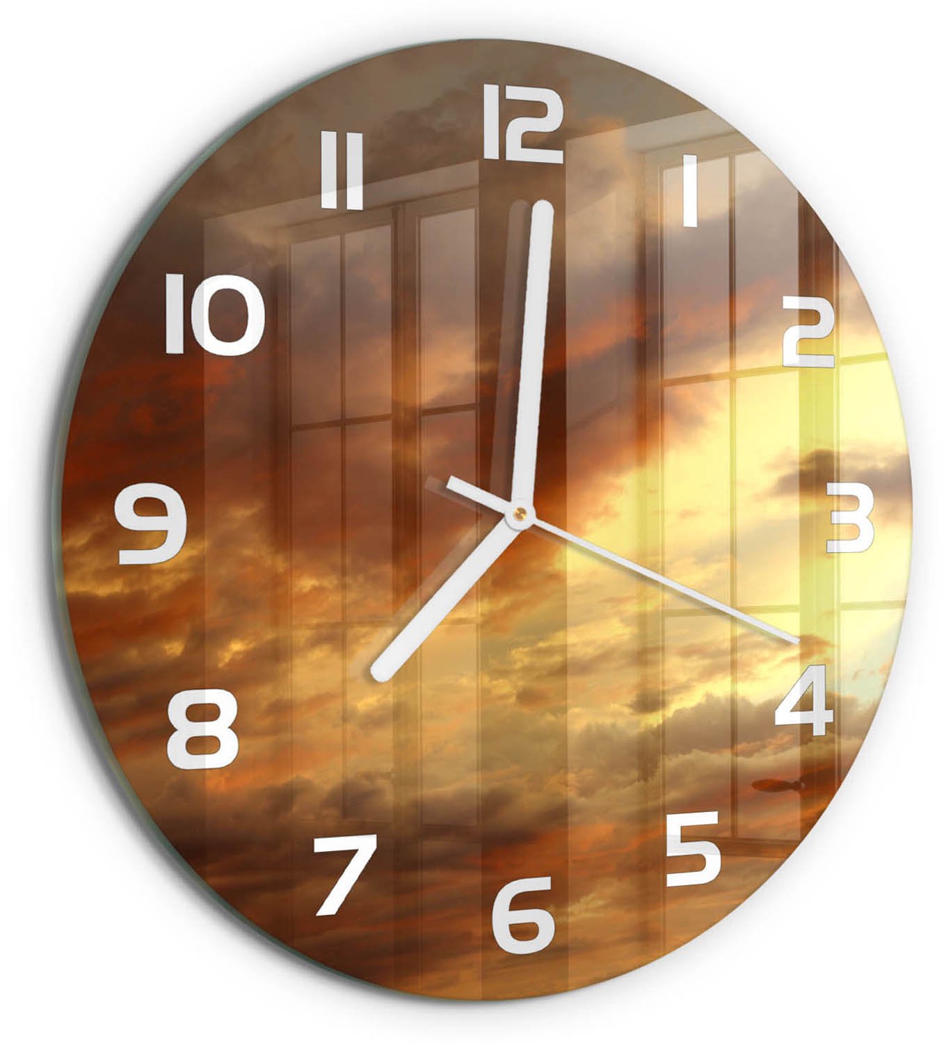 TULUP Wandklok - Zonsopgang Glazen Wandklok Design - fi30 cm - Geel Klok Glas Met Opdruk - Witte handen - Ronde Klok - Wandklok Glas Met Motief - Decoratieve Glazen Klok