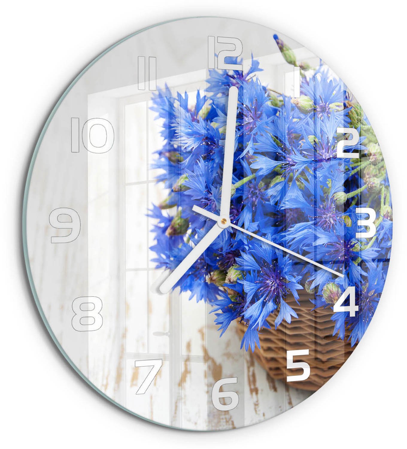 TULUP Wandklok - Korenbloemen in een mand Gekleurde Glazen Klok - fi30 cm - Blauw Glazen Klok Met Print - Witte handen - Ronde Klok - Moderne Wandklok Glas - Wandklok Glas Decoratie