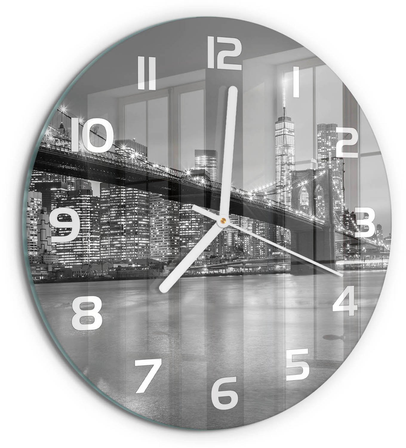 TULUP Wandklok - New York 's nachts Glazen Klok Met Print - fi30 cm - Zwart-wit Wandklok Glas Met Motief - Witte handen - Ronde Klok - Wandklok Glas Decoratie - Gekleurde Glazen Klok