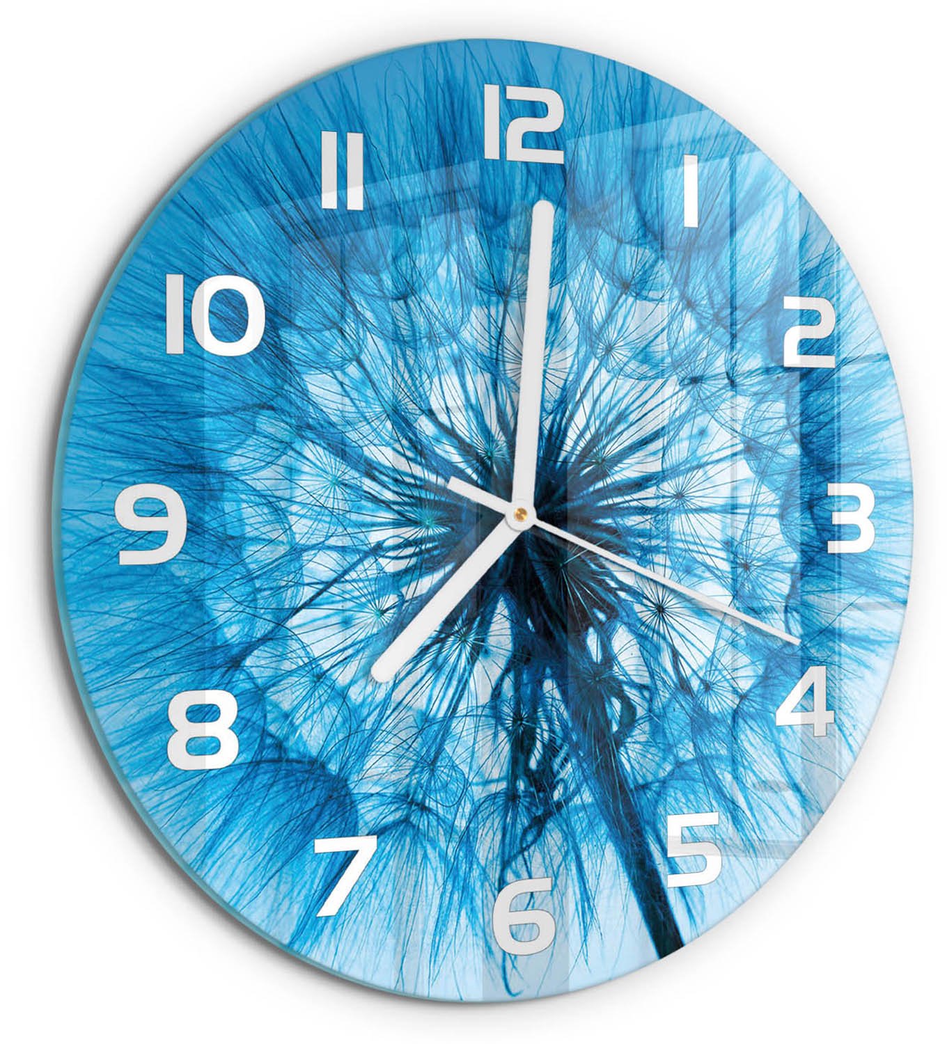 TULUP Wandklok - Paardebloem Glazen Klok Met Print - fi30 cm - Blauw Wandklok Glas Met Motief - Witte handen - Ronde Klok - Wandklok Glas Decoratie - Gekleurde Glazen Klok