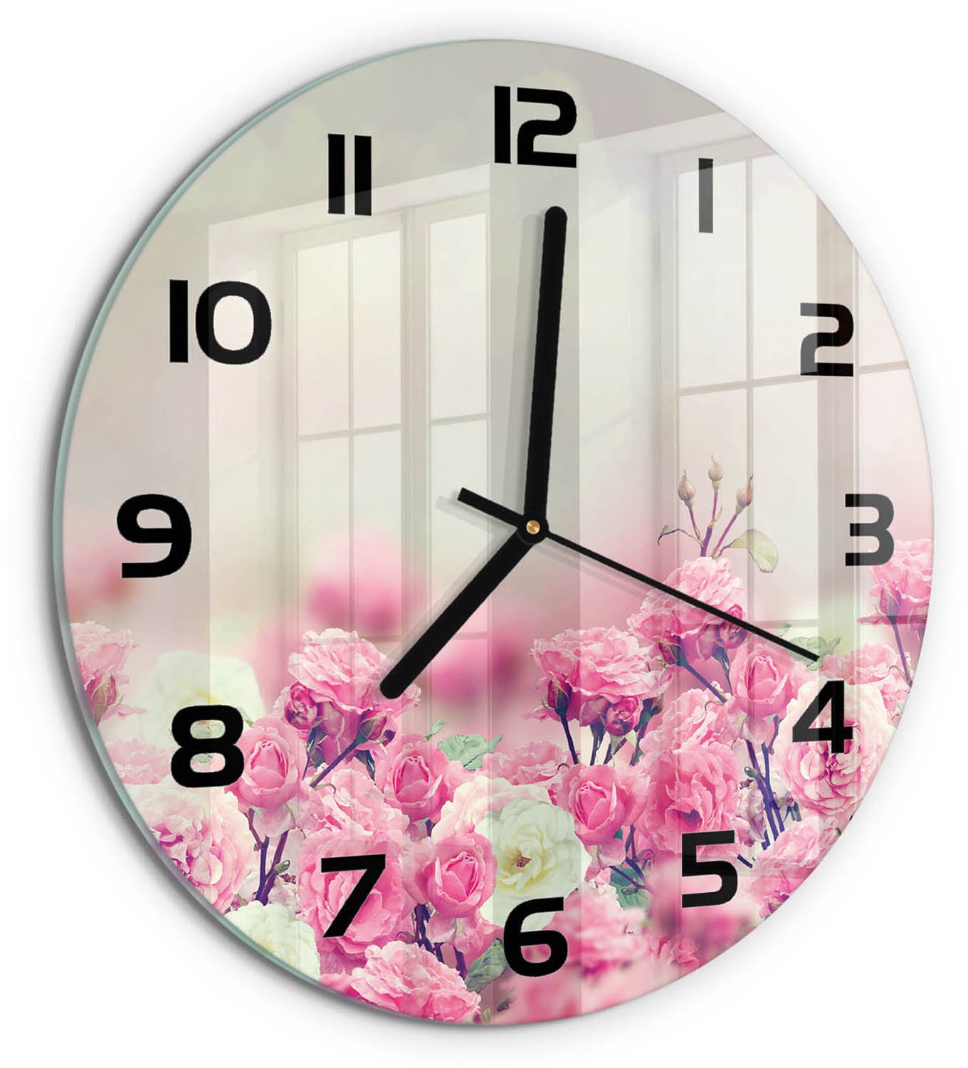 TULUP Wandklok - Wilde rozenbloemen Wandklok Glas Decoratie - fi30 cm - Roze Gekleurde Glazen Klok - Zwarte handen - Ronde Klok - Klok Glas Met Opdruk - Moderne Wandklok Glas