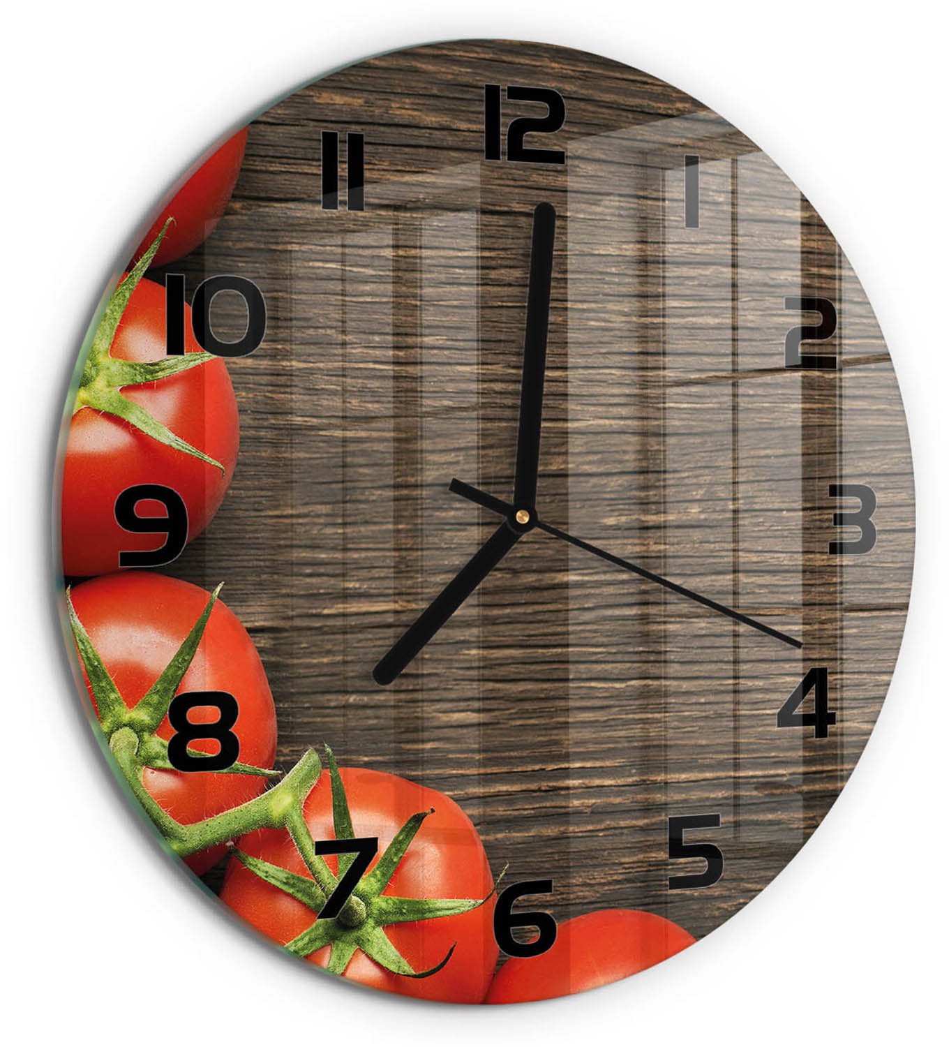 TULUP Wandklok - Tomaten op hout Wandklok Glas Met Motief - fi30 cm - Rood Decoratieve Glazen Klok - Zwarte handen - Ronde Klok - Gekleurde Glazen Klok - Glazen Klok Met Print
