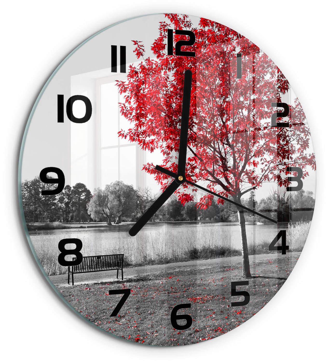 TULUP Wandklok - Rode boom Wandklok Glas Decoratie - fi30 cm - Rood Gekleurde Glazen Klok - Zwarte handen - Ronde Klok - Klok Glas Met Opdruk - Moderne Wandklok Glas