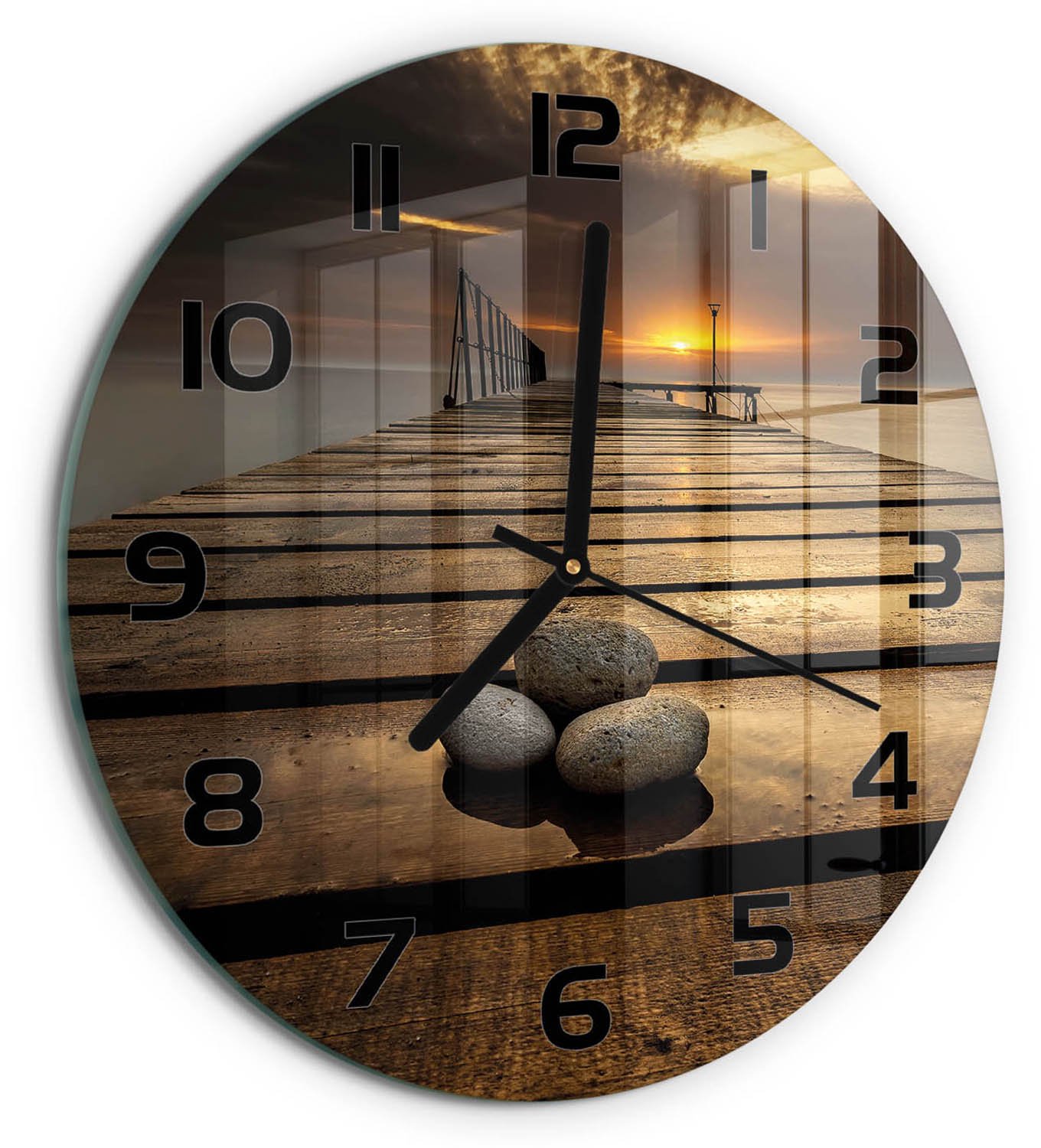 TULUP Wandklok - Houten brug Gekleurde Glazen Klok - fi30 cm - Bruin Glazen Klok Met Print - Zwarte handen - Ronde Klok - Moderne Wandklok Glas - Wandklok Glas Decoratie