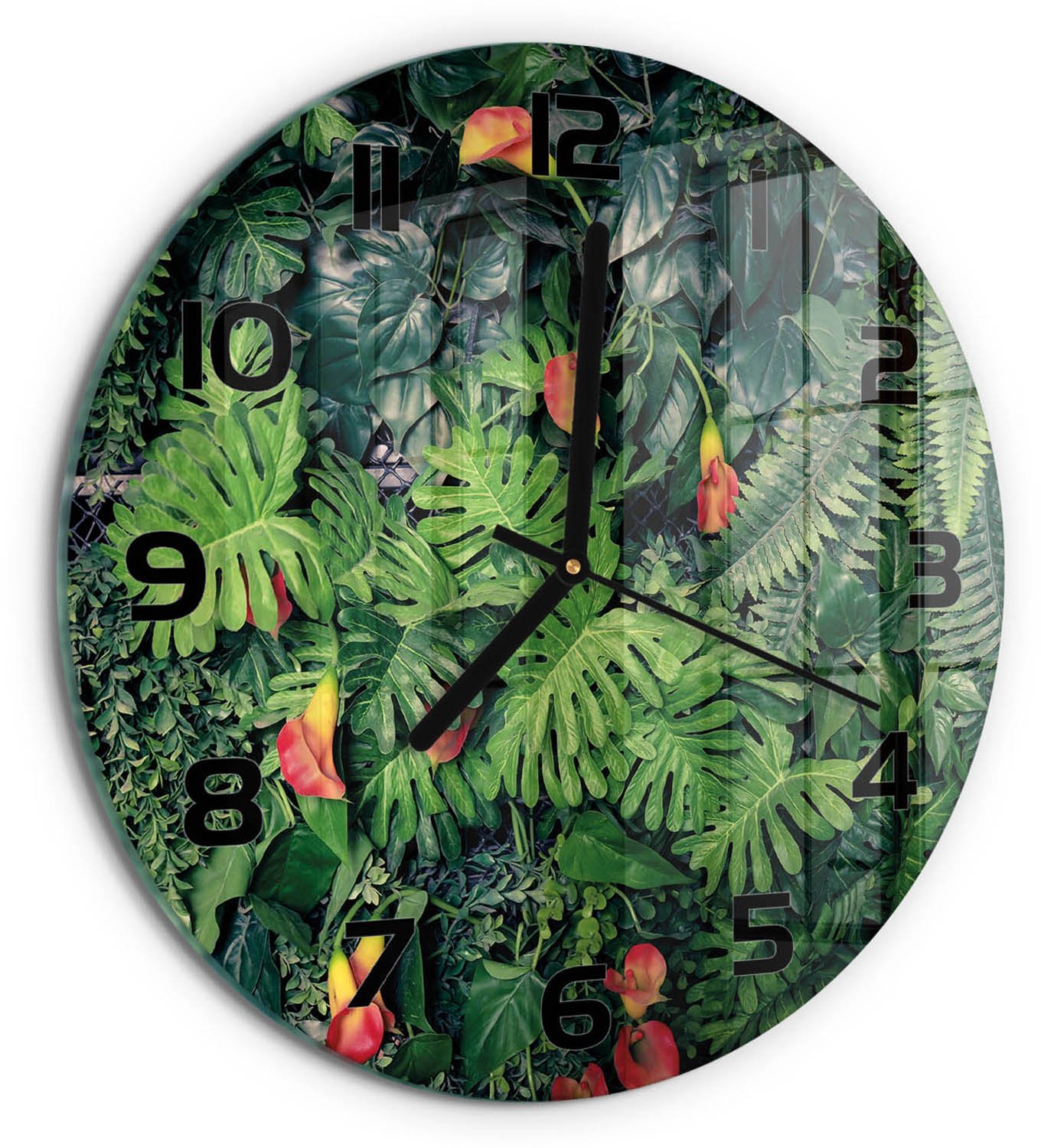 TULUP Wandklok - Exotische jungle Wandklok Glas Met Motief - fi30 cm - Groente Decoratieve Glazen Klok - Zwarte handen - Ronde Klok - Gekleurde Glazen Klok - Glazen Klok Met Print