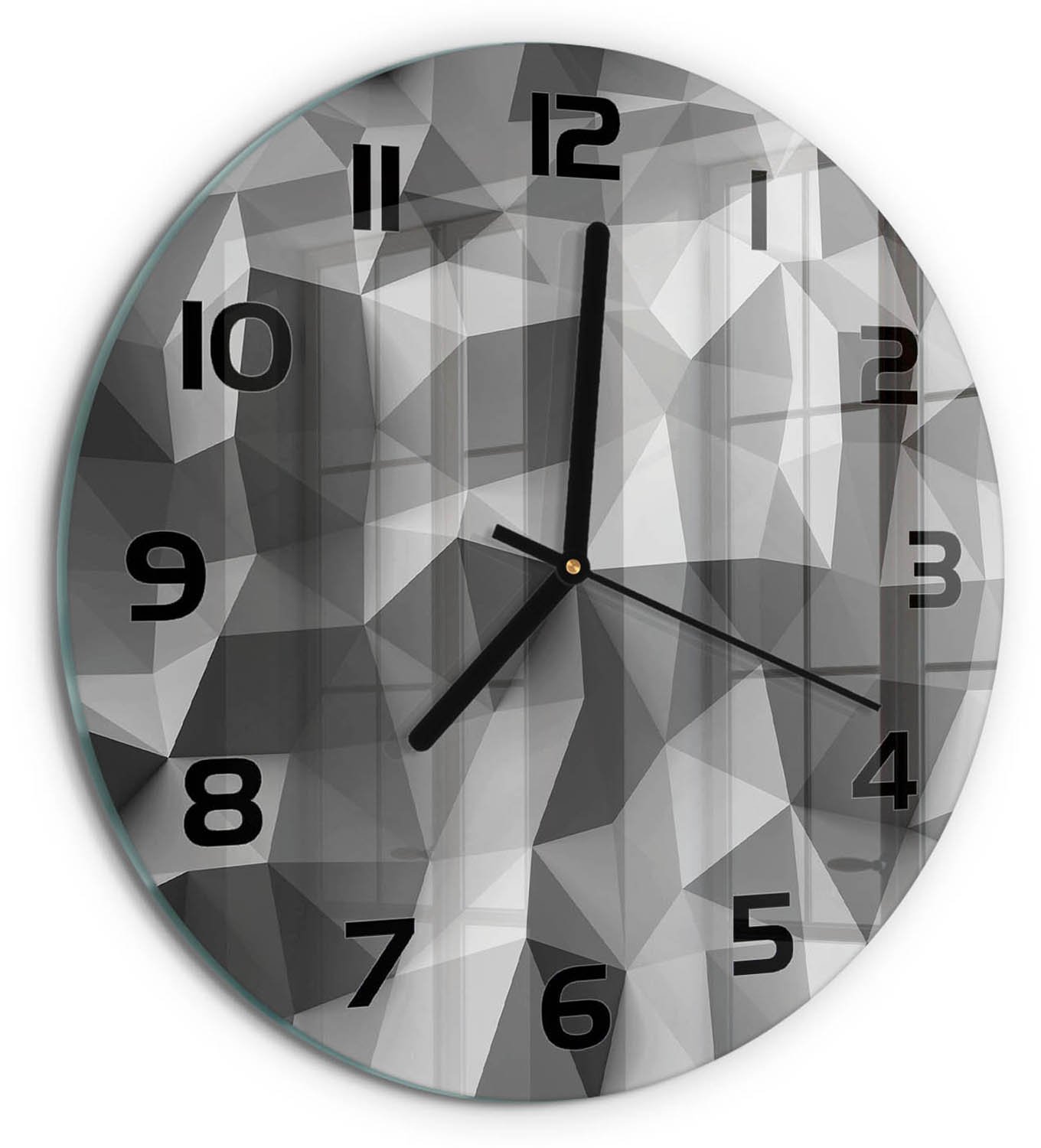 TULUP Wandklok - Driehoeken van abstractie Gekleurde Glazen Klok - fi30 cm - Grijs Glazen Klok Met Print - Zwarte handen - Ronde Klok - Moderne Wandklok Glas - Wandklok Glas Decoratie