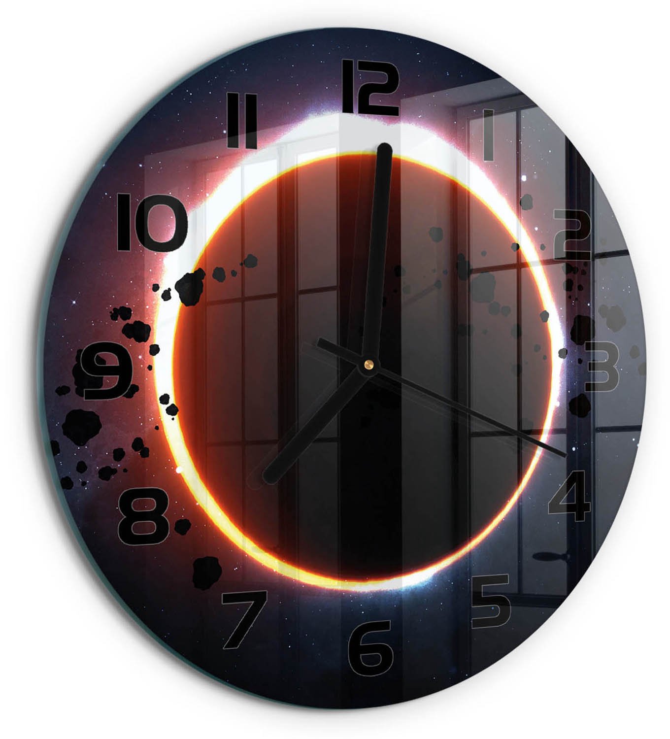 TULUP Wandklok - zonsverduistering Moderne Wandklok Glas - fi30 cm - Oranje Wandklok Glas Decoratie - Zwarte handen - Ronde Klok - Glazen Wandklok Design - Klok Glas Met Opdruk