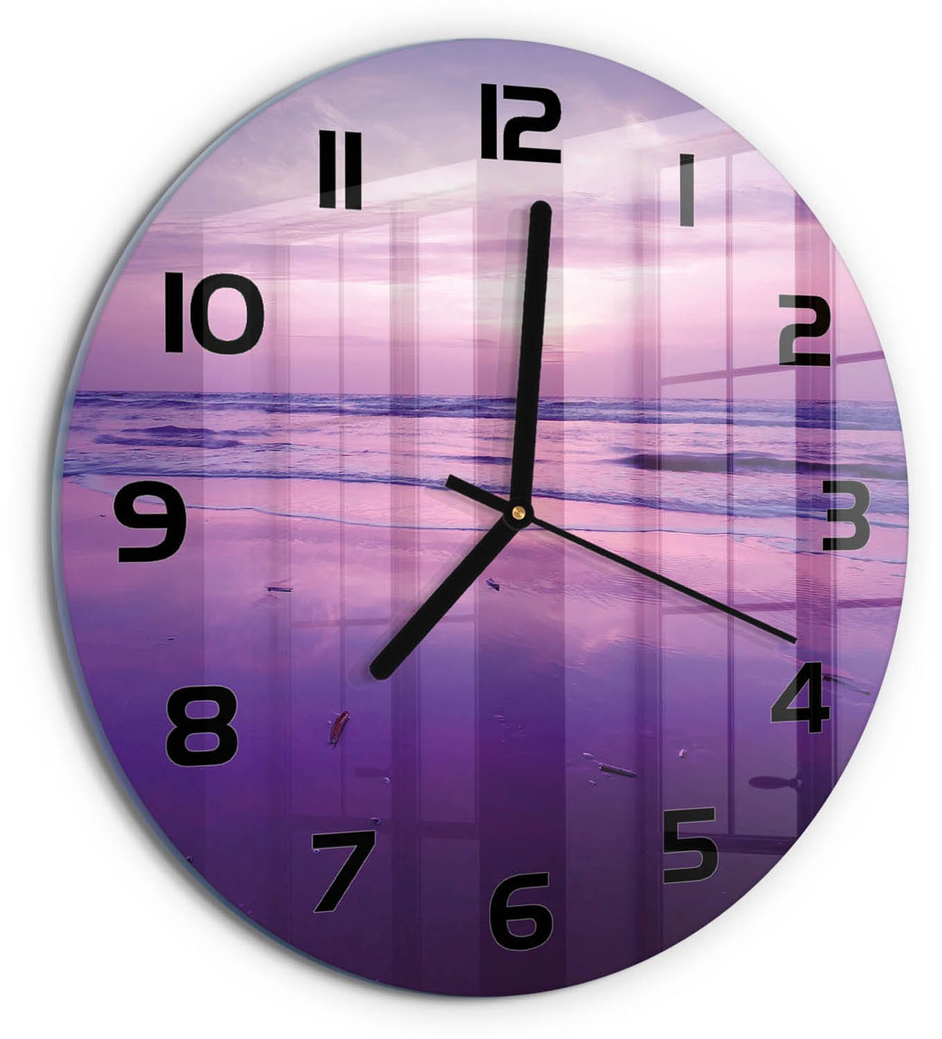 TULUP Wandklok - Zonsondergang Zee Klok Glas Met Opdruk - fi30 cm - Paars Moderne Wandklok Glas - Zwarte handen - Ronde Klok - Decoratieve Glazen Klok - Glazen Wandklok Design