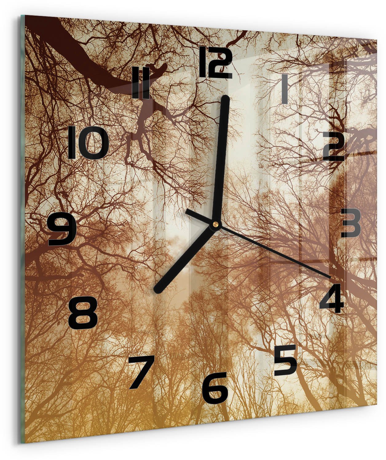 TULUP Wandklok - Woud Glazen Wandklok Design - 30x30 cm - Bruin Klok Glas Met Opdruk - Zwarte handen - Vierkante Klok - Wandklok Glas Met Motief - Decoratieve Glazen Klok