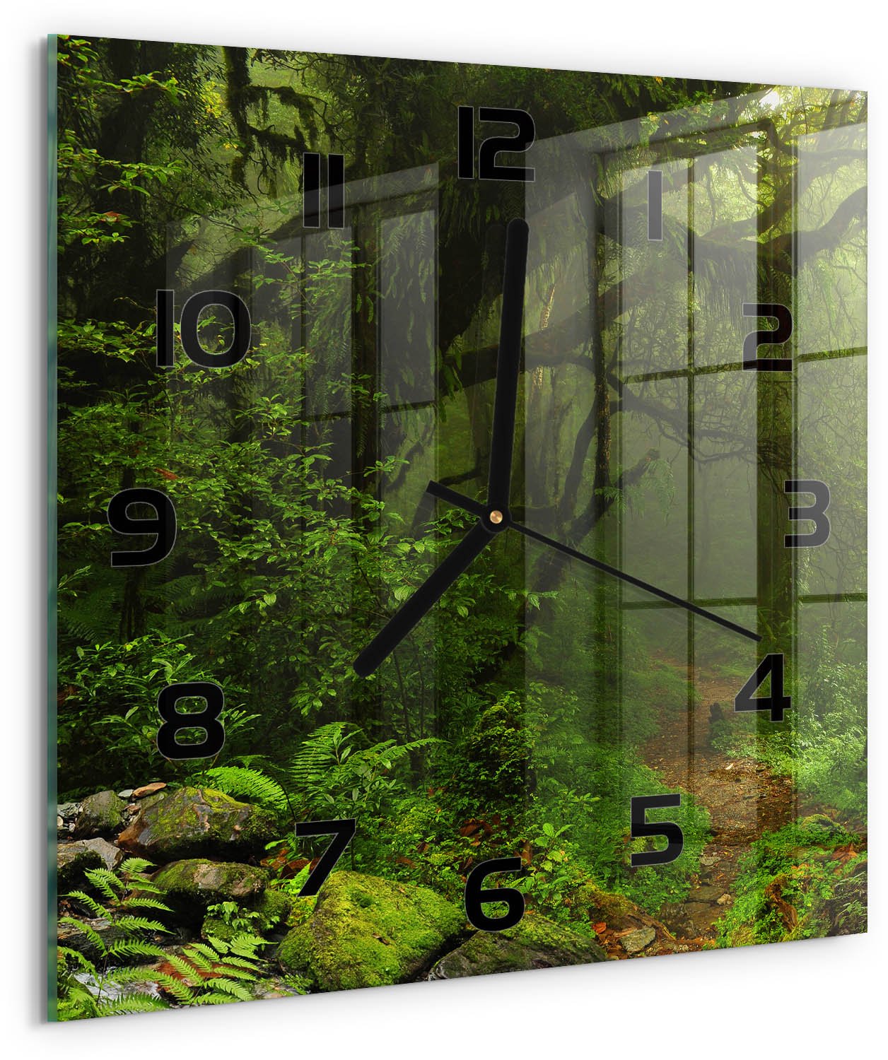 Tulup Wandklok - Oerwoud in Nepal Wandklok Glas Met Motief - 30x30 cm - Groente Decoratieve Glazen Klok - Zwarte handen - Vierkante Klok - Gekleurde Glazen Klok - Glazen Klok Met Print