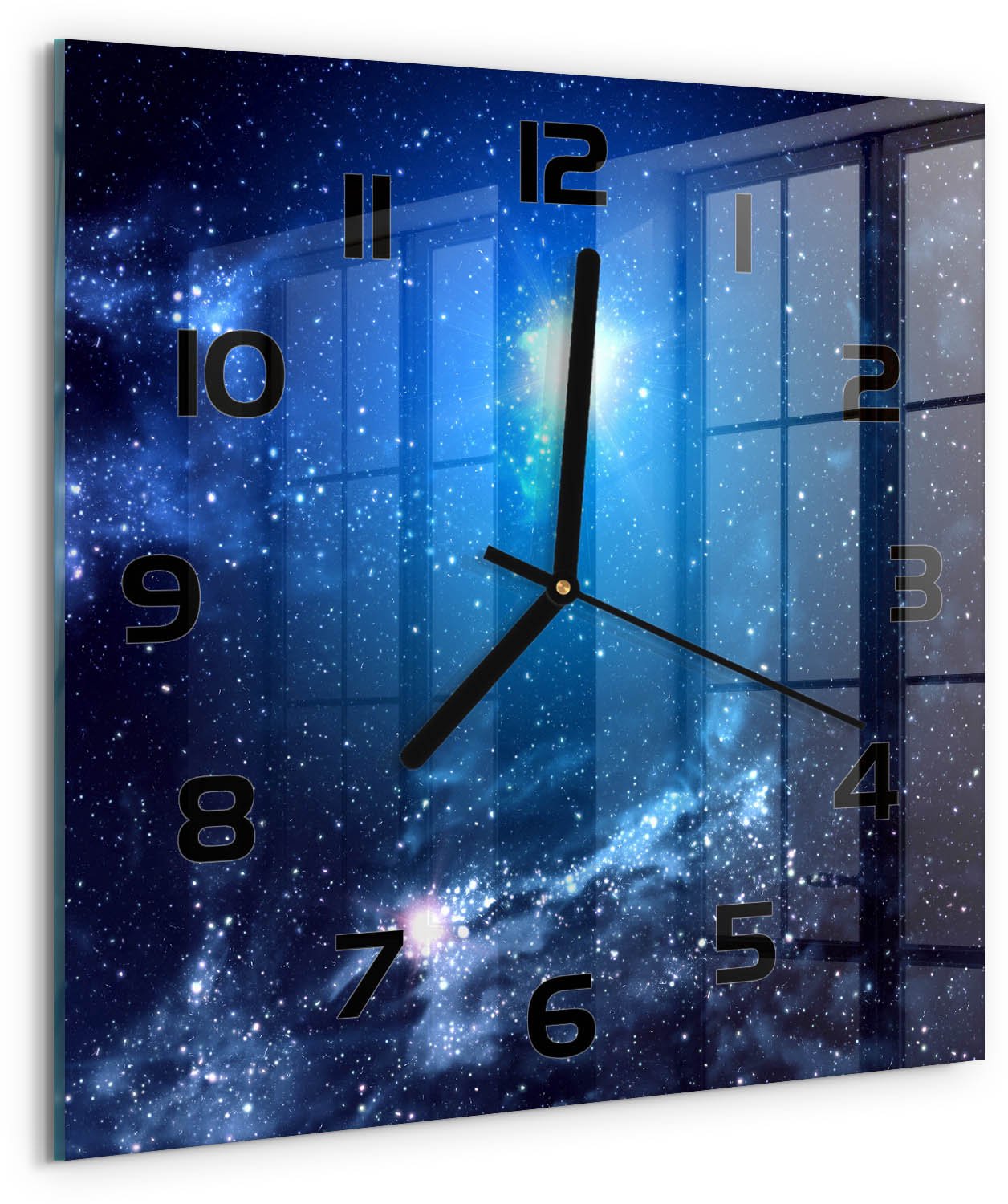 Tulup Wandklok - Mist Klok Glas Met Opdruk - 30x30 cm - Blauw Moderne Wandklok Glas - Zwarte handen - Vierkante Klok - Decoratieve Glazen Klok - Glazen Wandklok Design