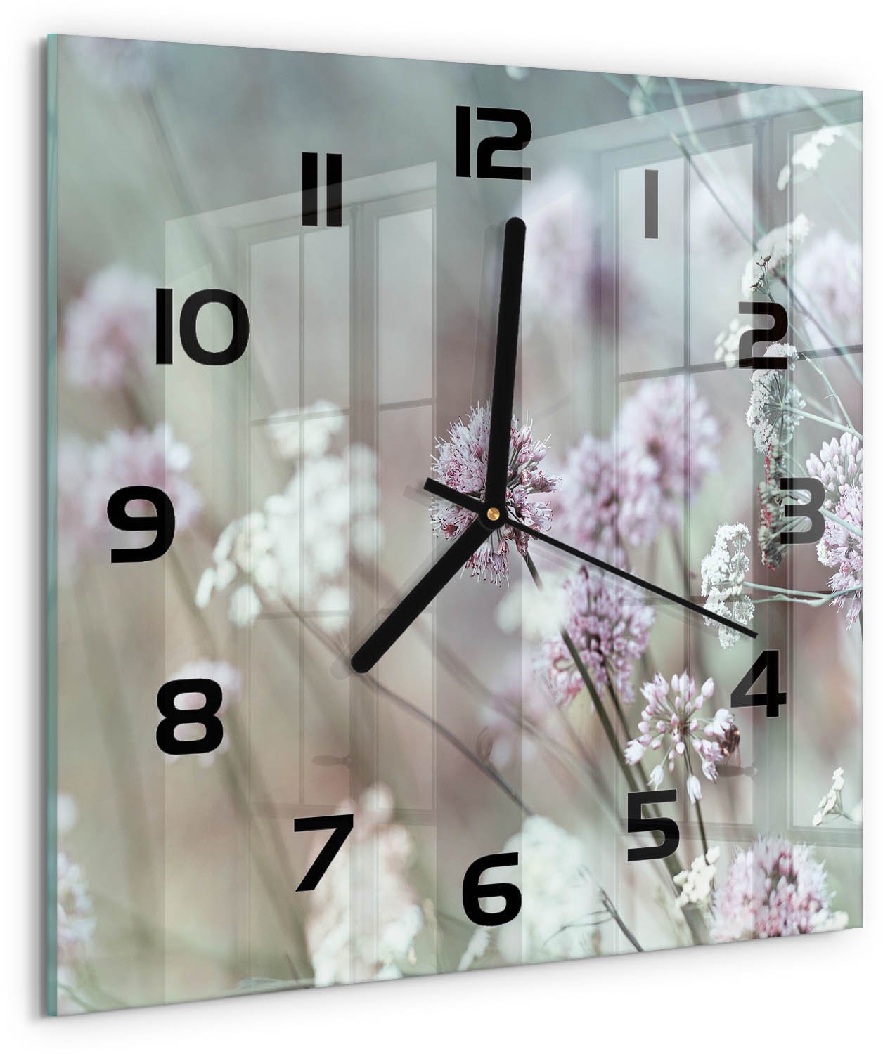 TULUP Wandklok - Wilde bloemen Decoratieve Glazen Klok - 30x30 cm - Wit Glazen Wandklok Design - Zwarte handen - Vierkante Klok - Glazen Klok Met Print - Wandklok Glas Met Motief