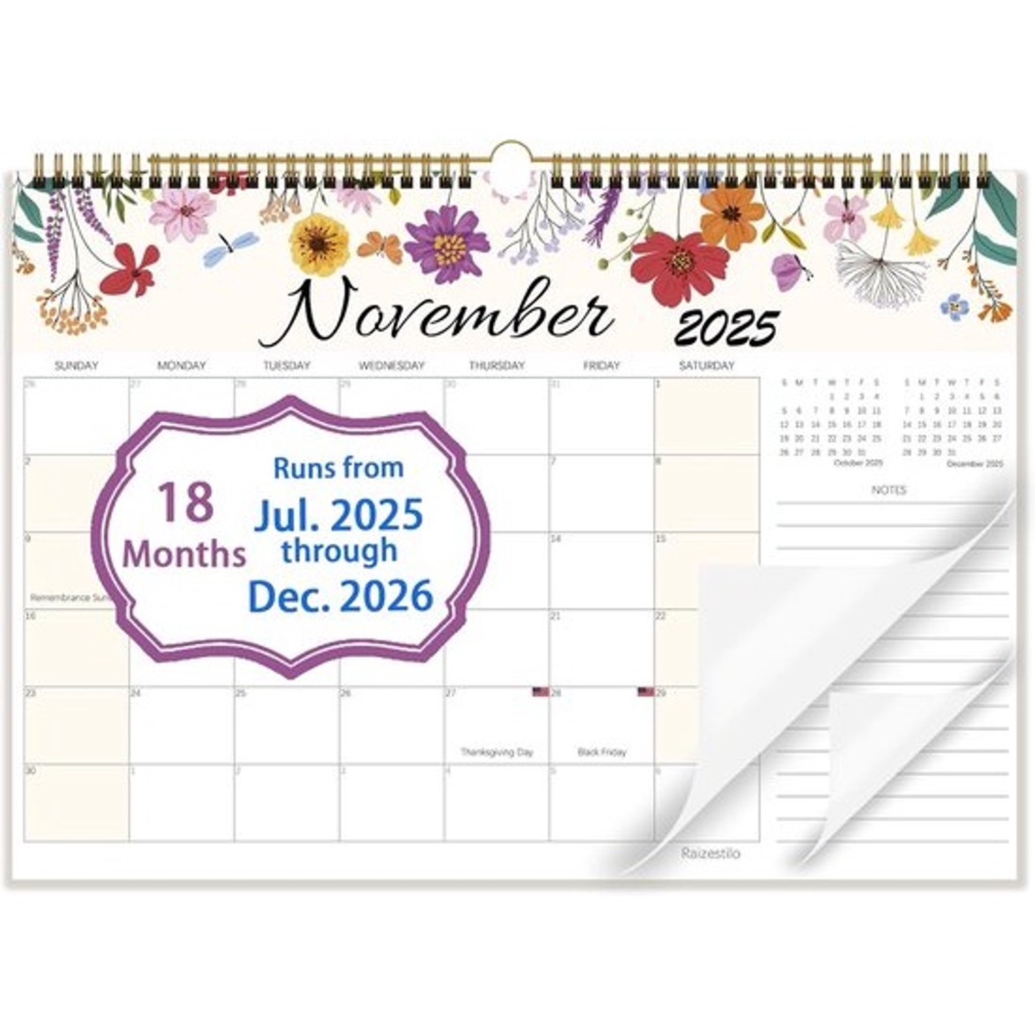Grote Wandkalender 2025-2026 Maandelijks met Bloemendecoratie