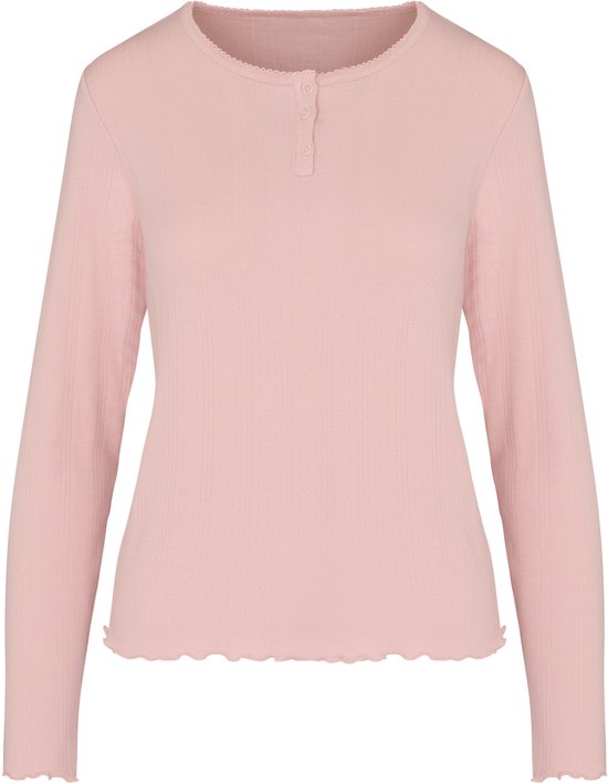 Voorkant van roze pyjamashirt met lange mouwen, geribbelde textuur, knoopsluiting en golvende afwerking.