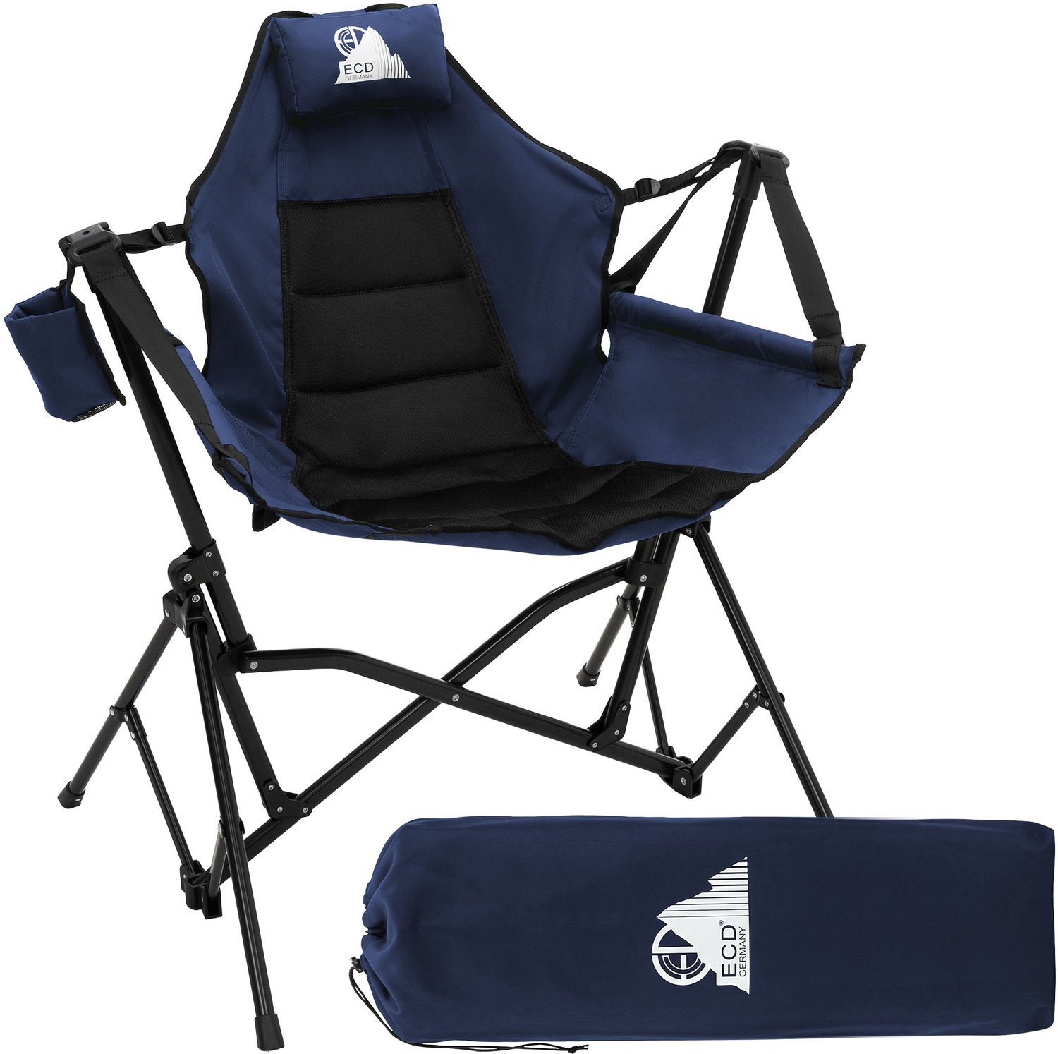 ECD Germany Campingstoel opvouwbaar en draagbaar, verstelbare kampeerstoel en visstoel met kussen voor hoofd en nek, extra brede klapstoel met een frame belastbaar tot 150 kg en handige bekerhouder, comfortabele strandstoel voor de tuin in het, blauw