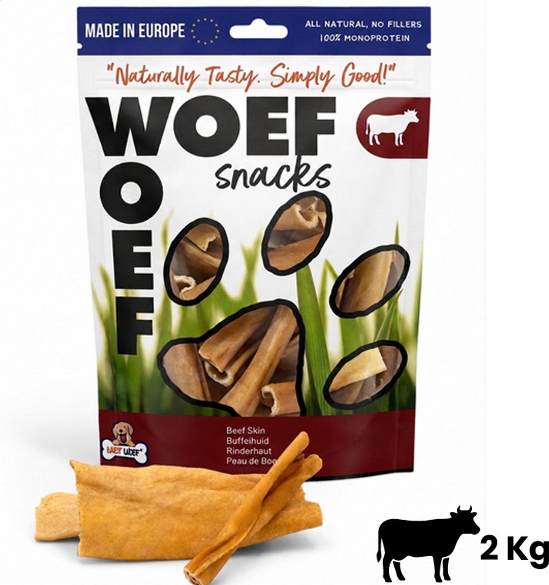 Woef Woef Snacks Hondensnacks Runderhuid - 2.00 KG - Kauwsnacks - Gedroogd vlees - Rund - honden vanaf 8kg - Geen toevoegingen