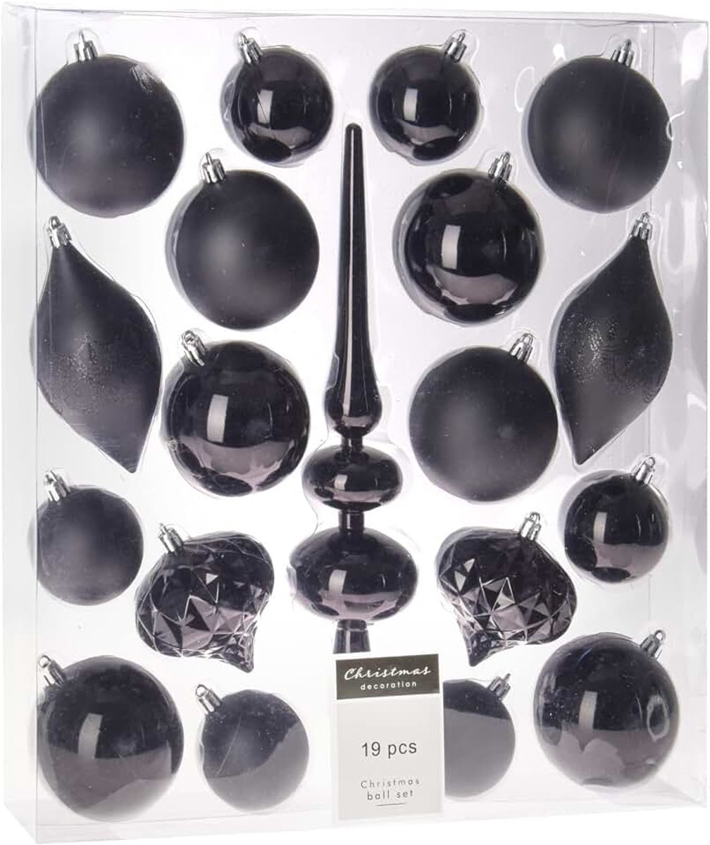 19-delig kunststof kerstballen/ornamenten met piek zwart - Onbreekbaar - Kerstversiering/boomversiering