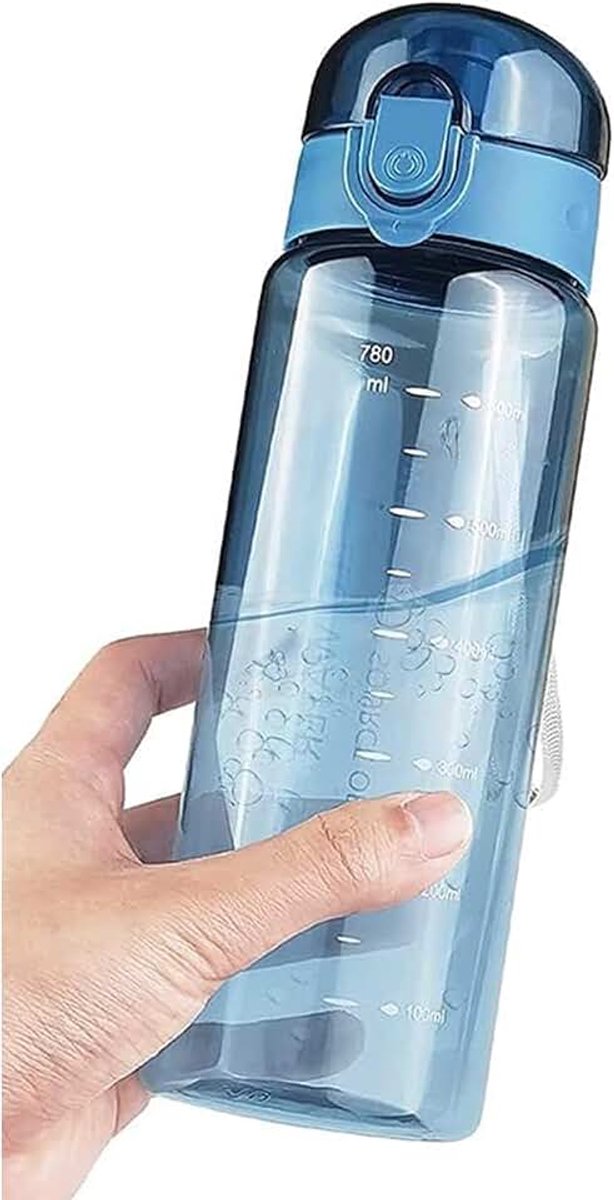 Waterfles, 780 ml, sportfles, transparant, waterdichte fles, lekvrij, gemakkelijk te openen, veilige vergrendeling, licht en herbruikbaar, voor sportschool, school, fietsen, outdoor, blauw