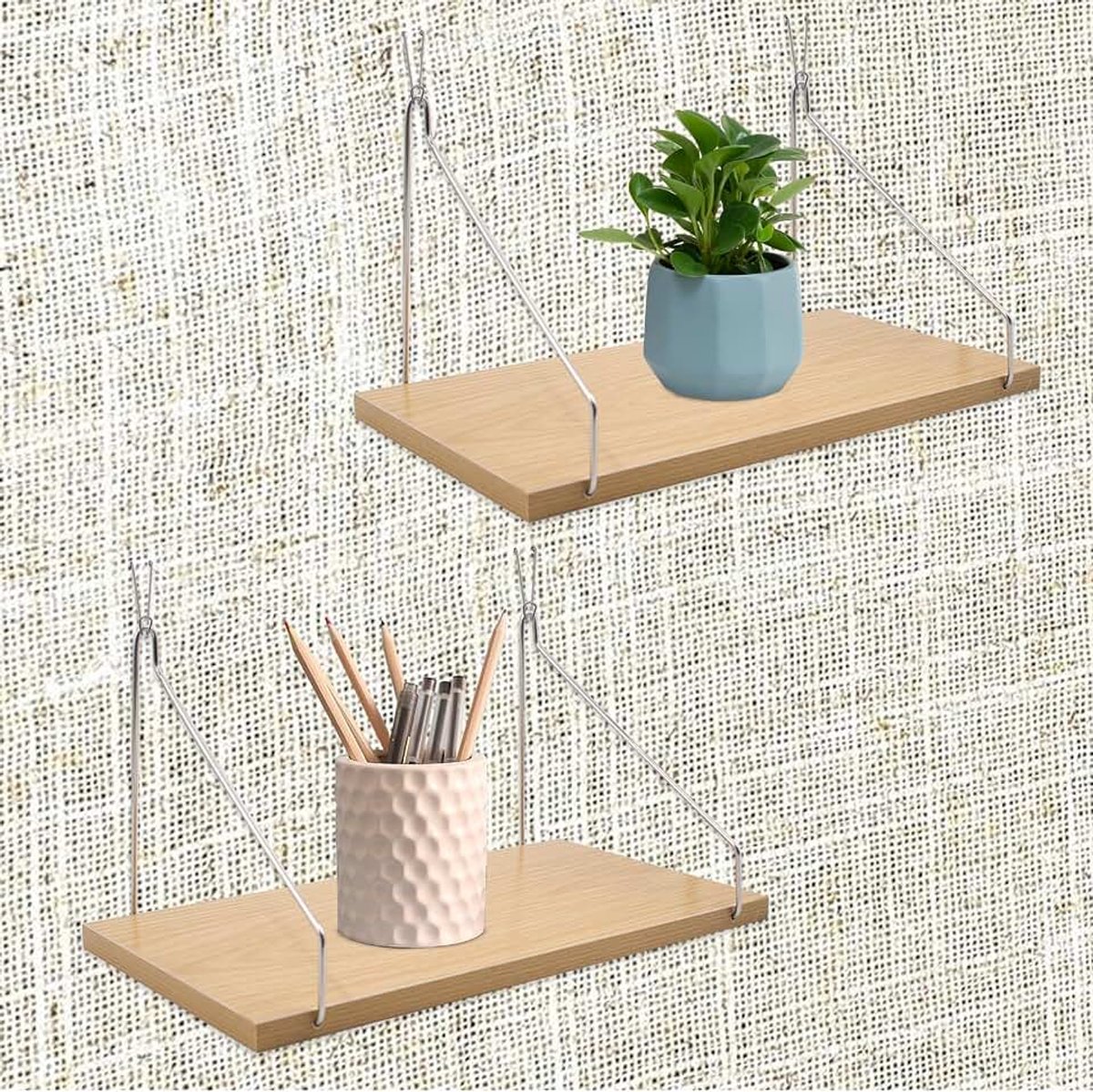 Set van 2 houten wandplanken met haken, zwevende planken zonder boren, voor keuken, badkamer, woonkamer, kantoor, 30 x 15 x 1,2 cm