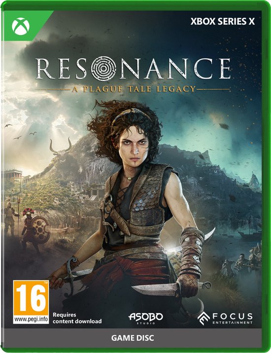 Boîte du jeu Resonance: A Plague Tale Legacy Xbox Series X avec une femme en armure de cuir et deux dagues, paysage montagneux en arrière-plan.