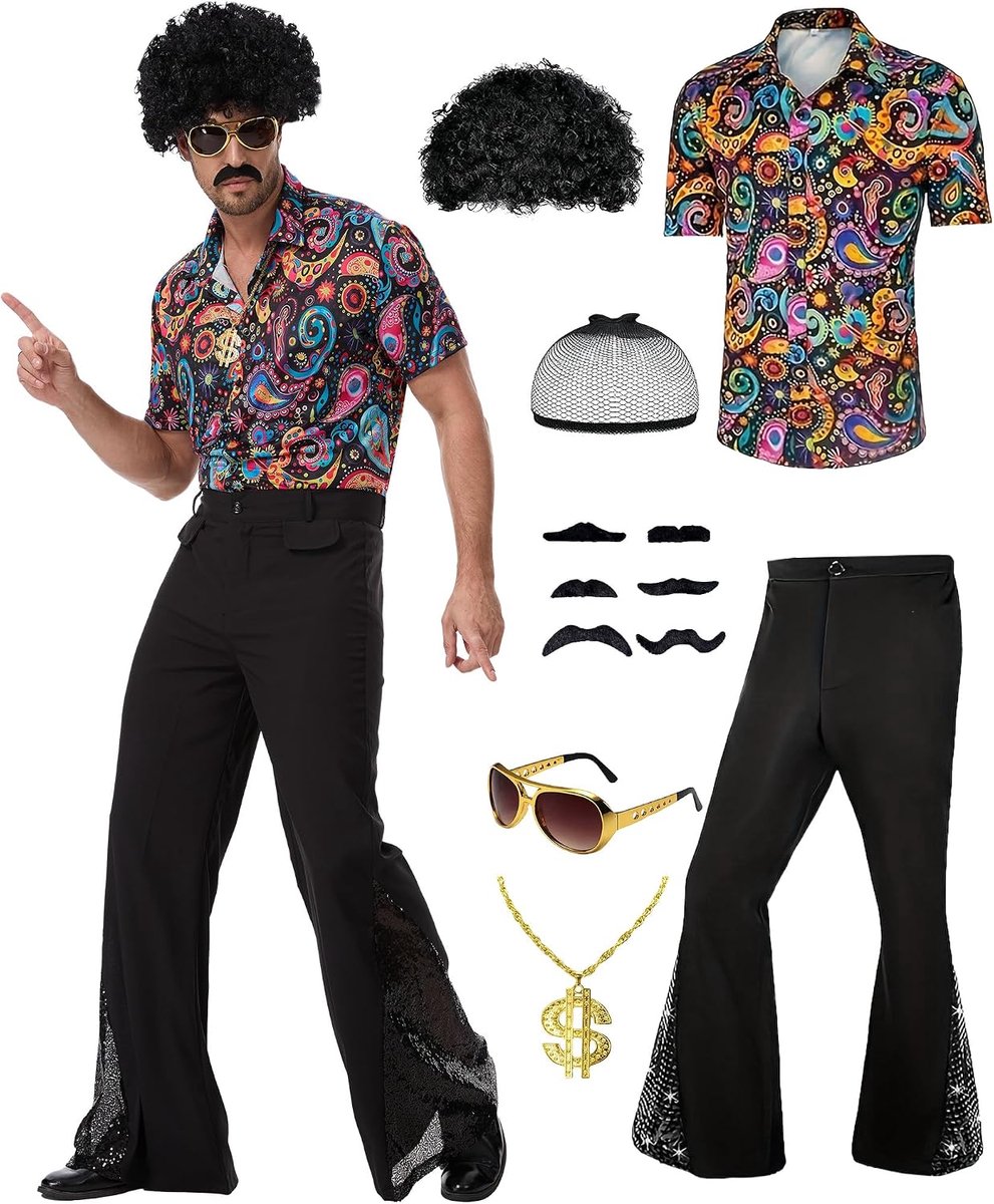 Disco-kostuumset voor heren, jaren 70, gouden paillettenshirt en zwarte uitlopende broek met dollarketting, zonnebril, afro-pruik en snor, retro jaren 70-outfit voor heren