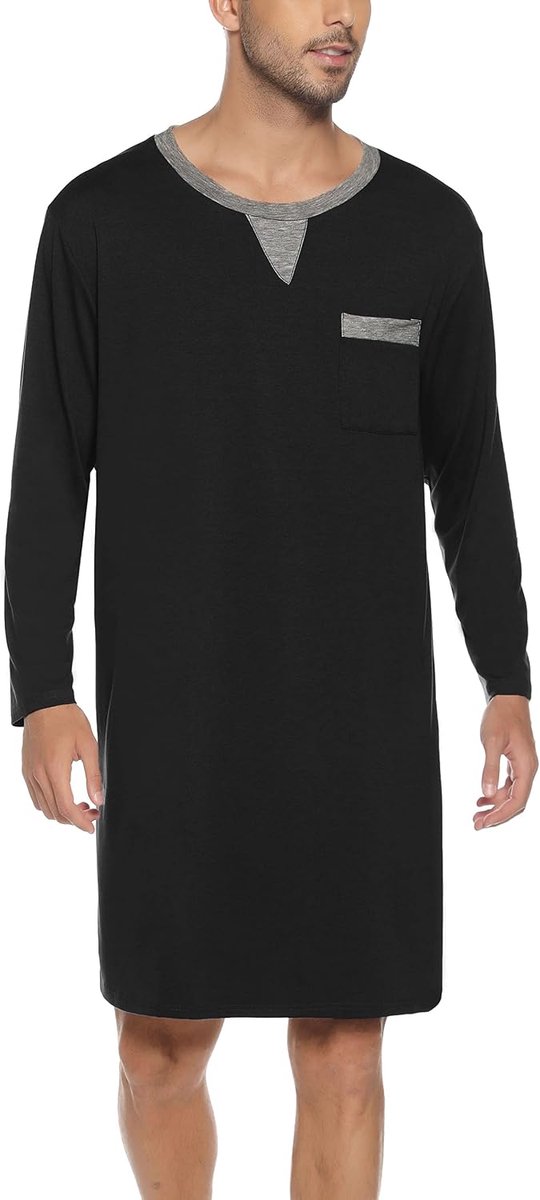 Nachthemd voor heren, katoenen pyjama met lange mouwen, korte mouwen, pyjama-bovenstuk, lang T-shirt, ronde hals met knopen, huiskleding, grote maat, zacht, comfortabel