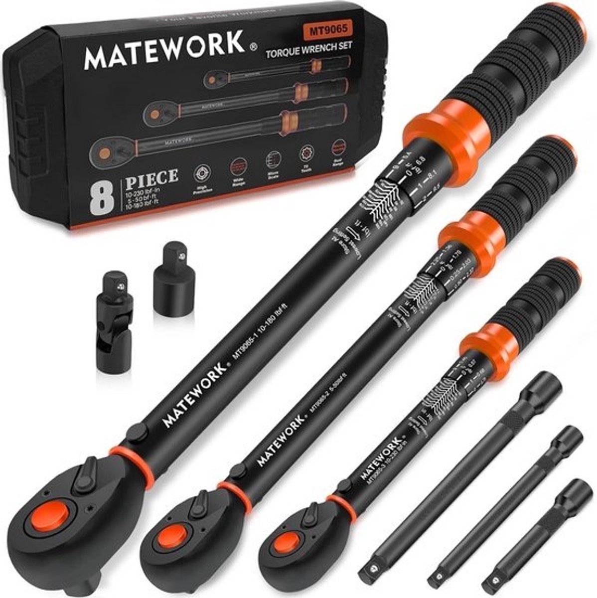 Momentsleutelset 8-delig voor Fiets, Moto en Auto - 1/4, 3/8, 1/2 inch, 10-220 in.lb, 10-45 ft.lb, 10-15 ft.lb, 72-tanden