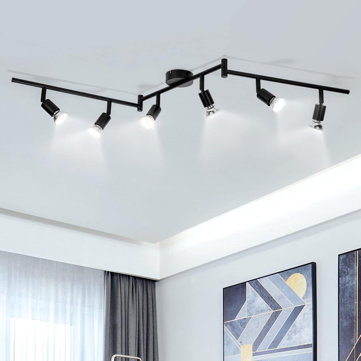 Wowatt LED plafondlamp 6 vlammen spotjes spotbar 6x 5W GU10 spots koel wit 6000K draaibaar moderne plafondspot keuken hal 230V metaal mat zwart plafondlamp slaapkamer